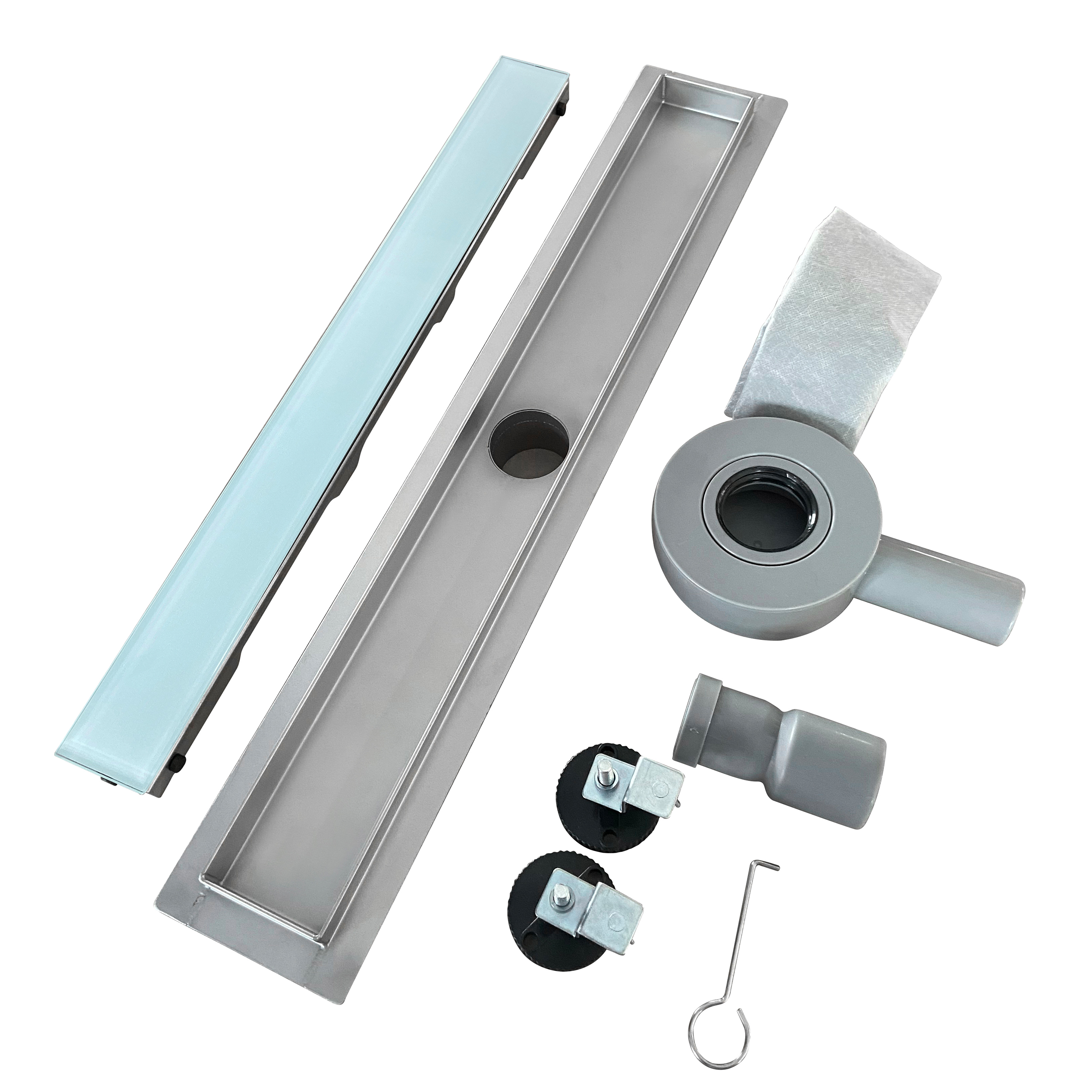 Duschrinne aus Edelstahl mit weißem Glas-Ablaufblende für flache Installation B3 Duschrinne aus Edelstahl mit weißem Glas-Ablaufblende für flache Installation B3