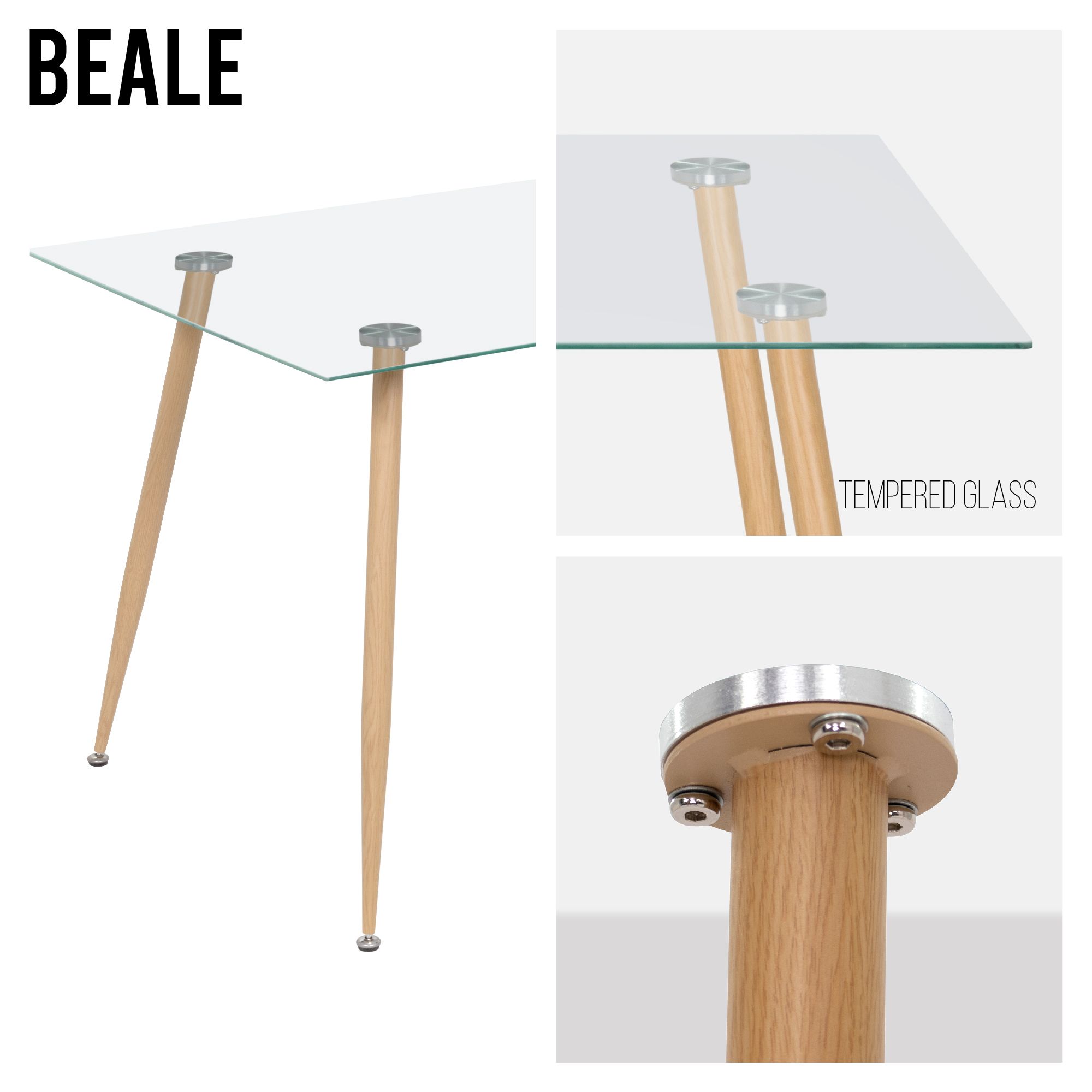 Esszimmer-Tisch BEALE | Tischplatte: Transparentes Glas | Beine: Holz Esszimmer-Tisch BEALE | Tischplatte: Transparentes Glas | Beine: Holz 160 cm