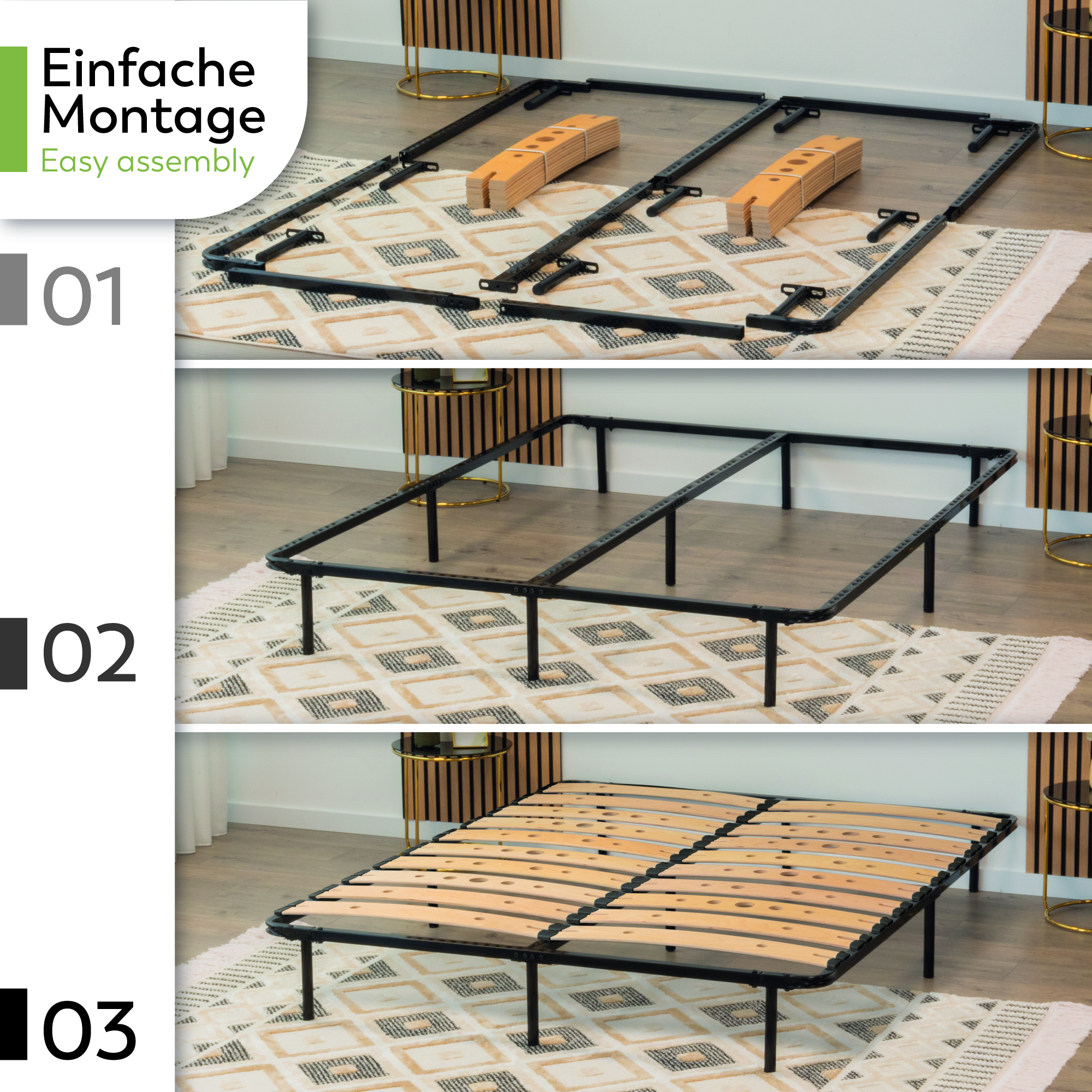 Metallbett AUSTEN BLACK mit Holzlamellen – Stabiler Metallrahmen in Schwarz, 23 cm Höhe & praktische Unterbett-Aufbewahrung 90x200