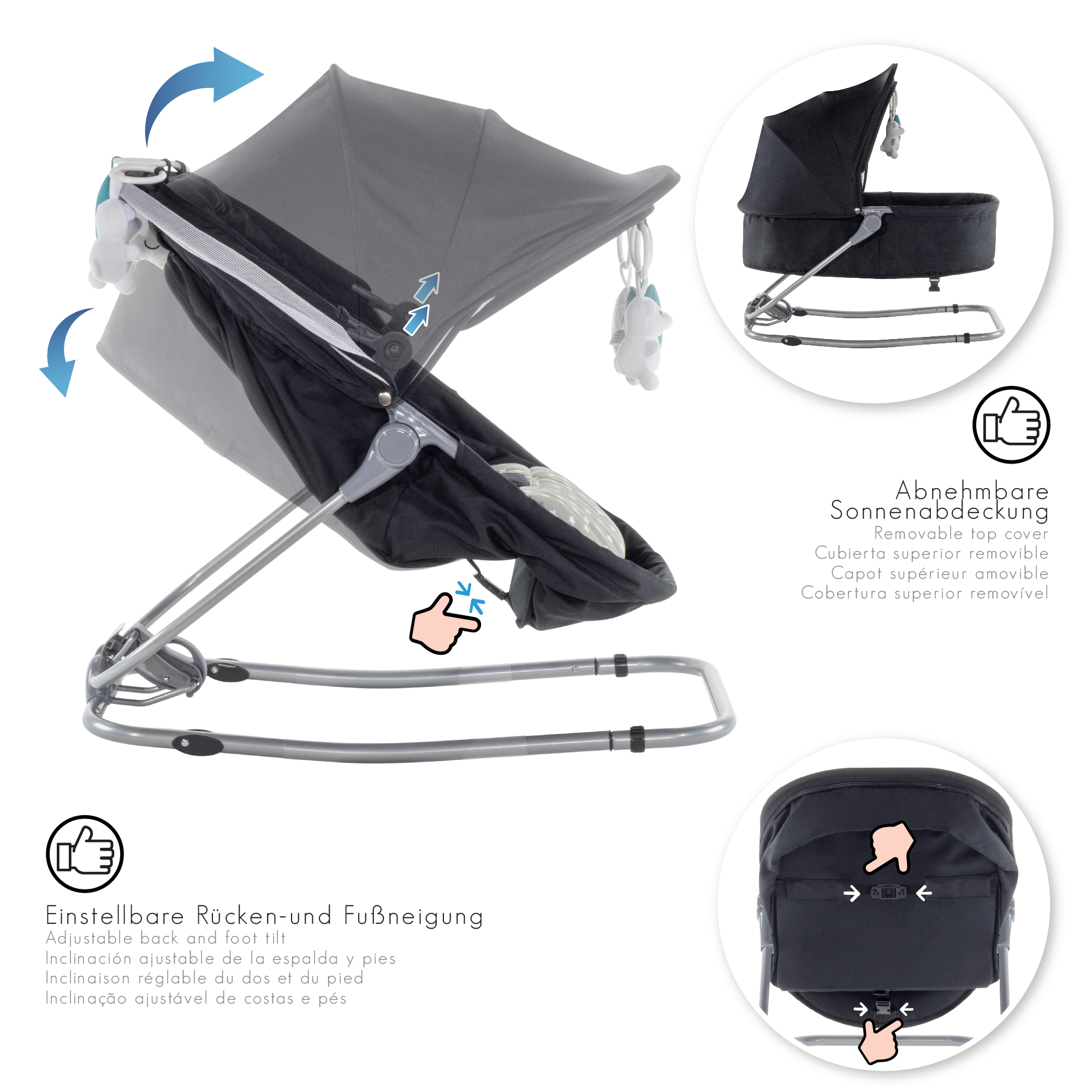 Babywippe PAVO mit Wiegenfunktion und Spielebogen Schwarz + Grau weiße Sterne