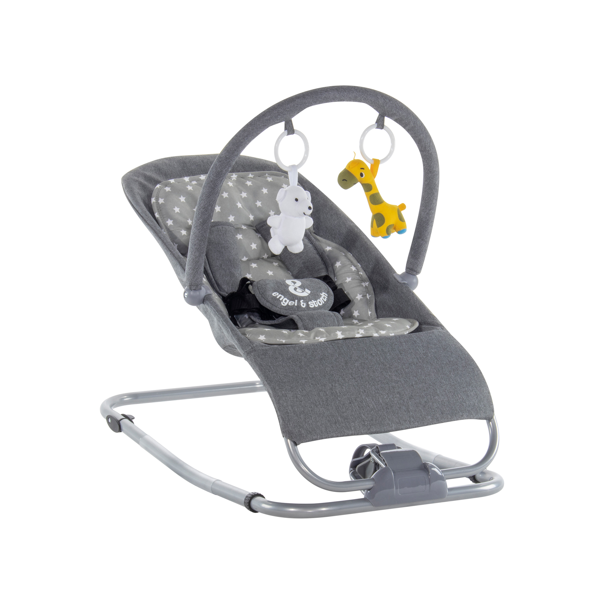 Babywippe VIENO mit abnehmbarem Bezug und Spielebogen Grau + Grau weiße Sterne