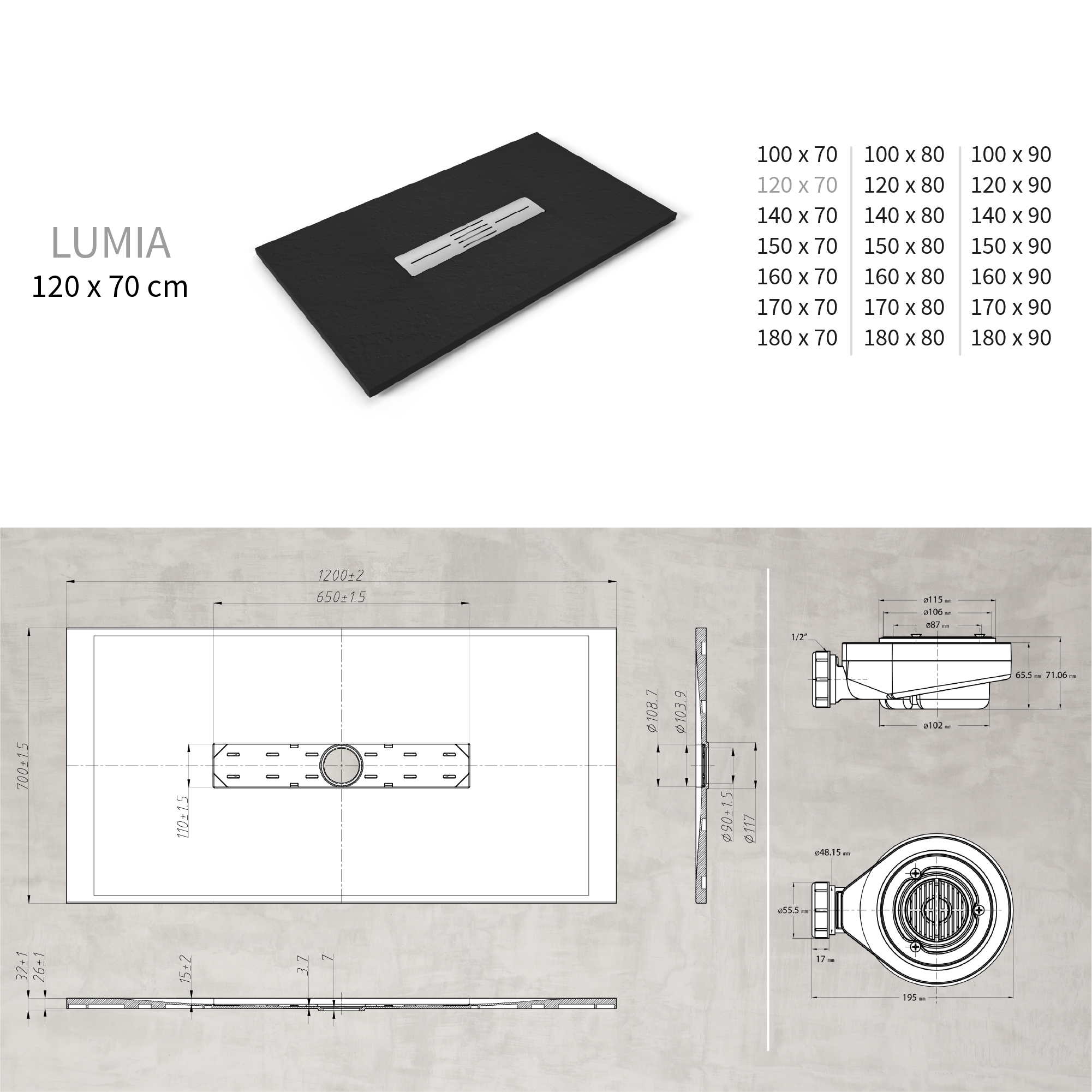 SMC Duschwanne Lumia in Schieferoptik inkl. Ablaufgarnitur Grau 70x120 cm