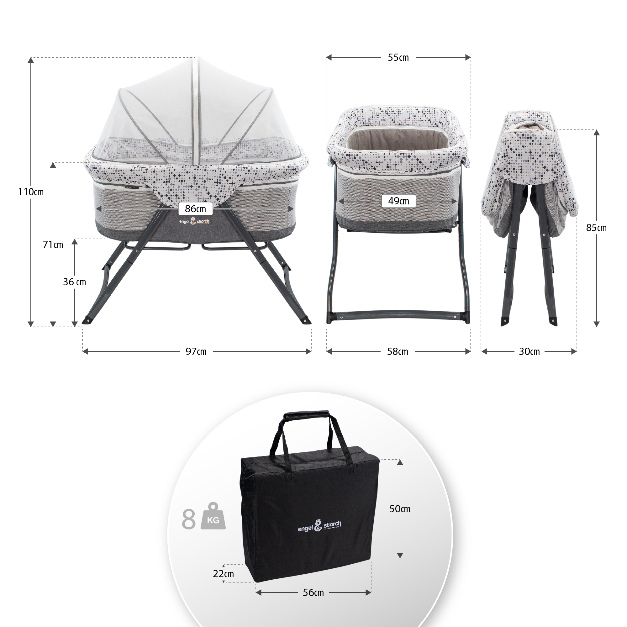 Reisebett BEBITO inkl. Moskitohaube und Tragetasche Dunkelgrau