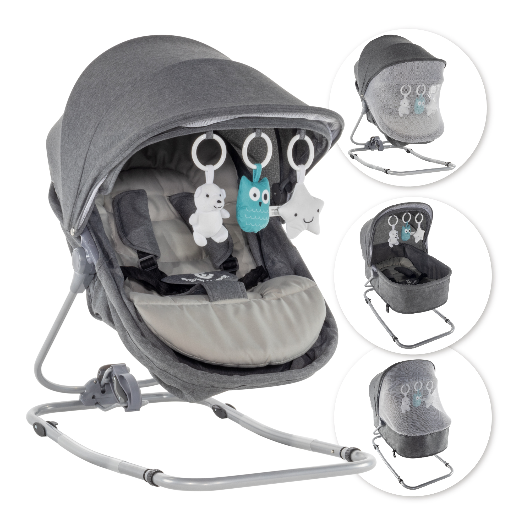 Babywippe PAVO mit Wiegenfunktion und Spielebogen Grau + Grau