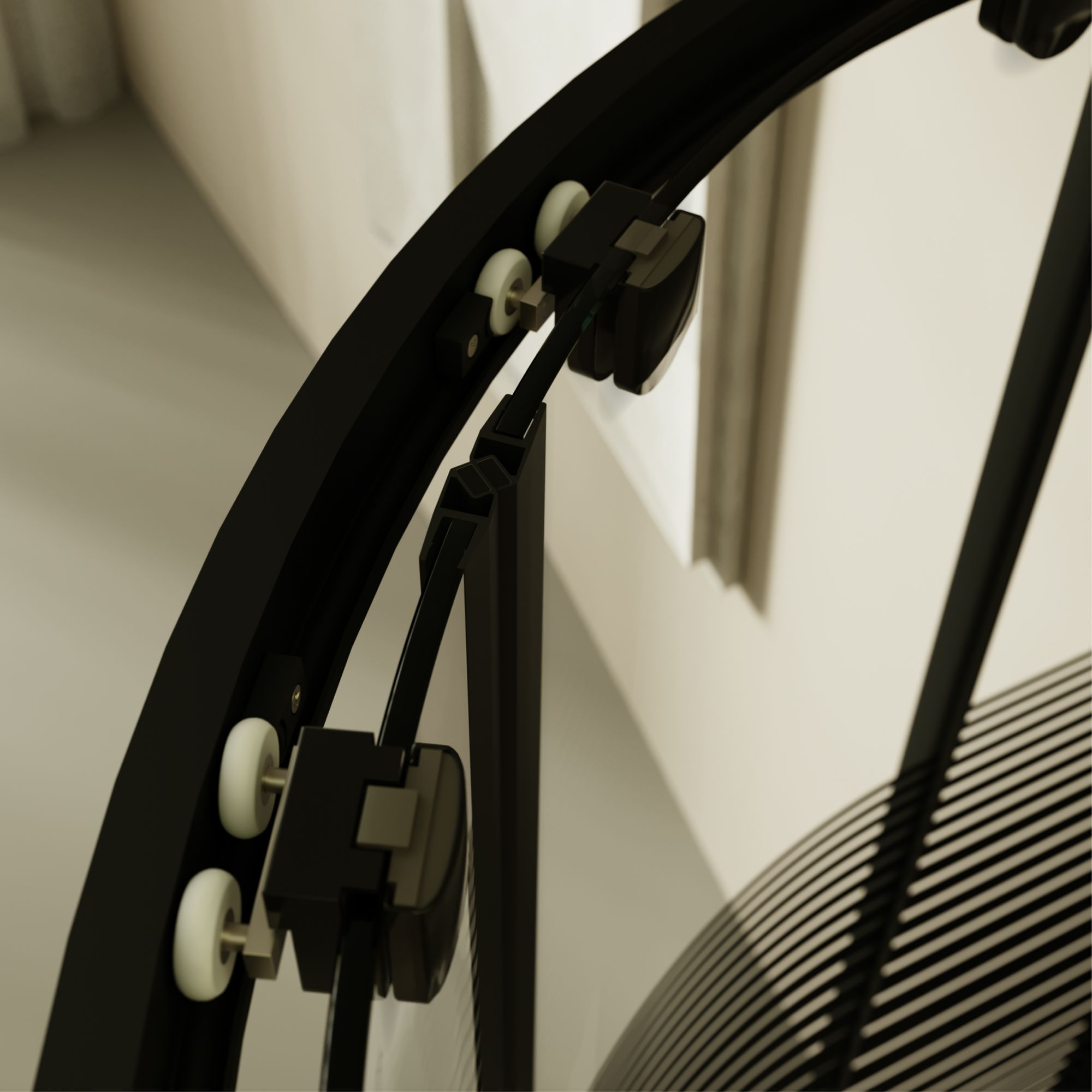 Viertelkreisdusche Ella mit Schiebetüren aus gestreiftem ESG Glas mit schwarzen Aluminium Profile