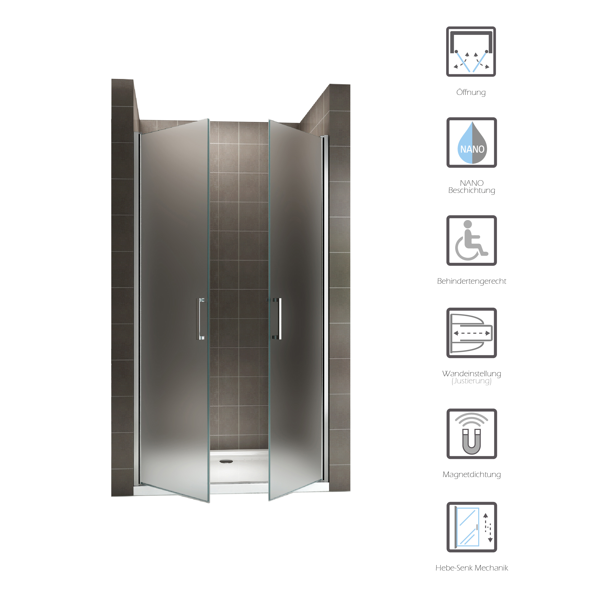 Duschtür Lara mit Pendeltüren und Edelstahlgriffe 68-140 cm aus satiniertem ESG Sicherheitsglas