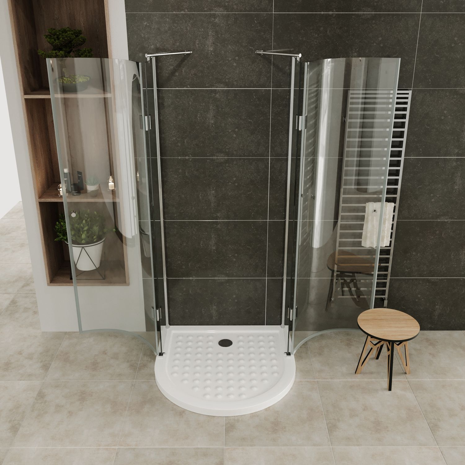 Halbkreisdusche Andrea mit Klapptüren aus ESG Sicherheitsglas