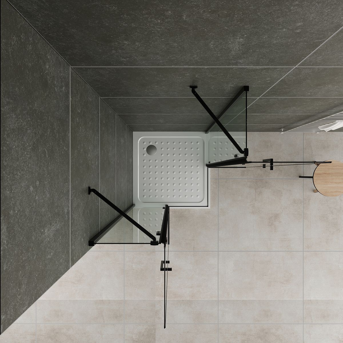 Eckeinstieg Celine mit Klapptüren und schwarzen Profilen aus ESG Sicherheitsglas