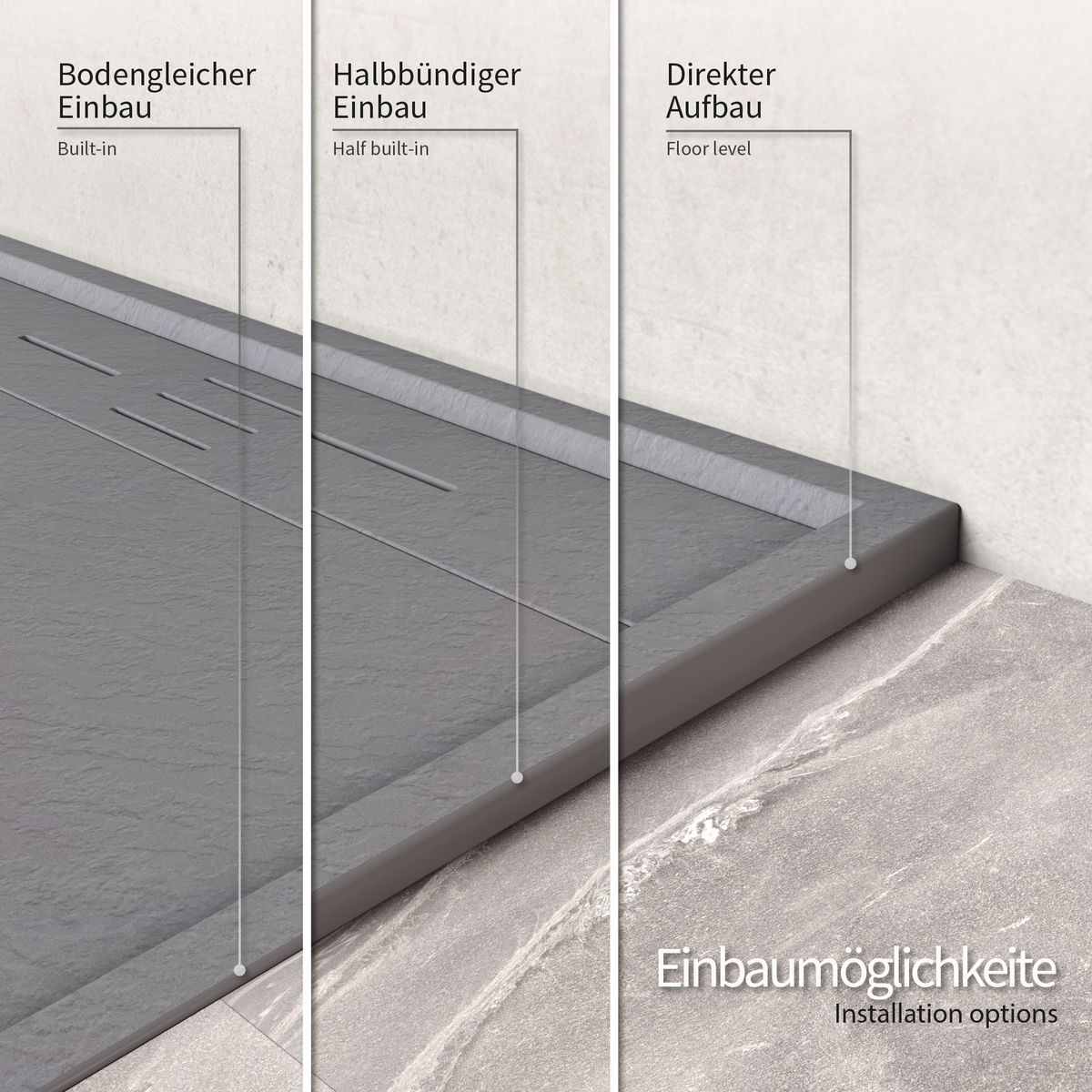 SMC Duschwanne Hiemal in Schieferoptik inkl. Ablaufgarnitur Grau 90x90 cm
