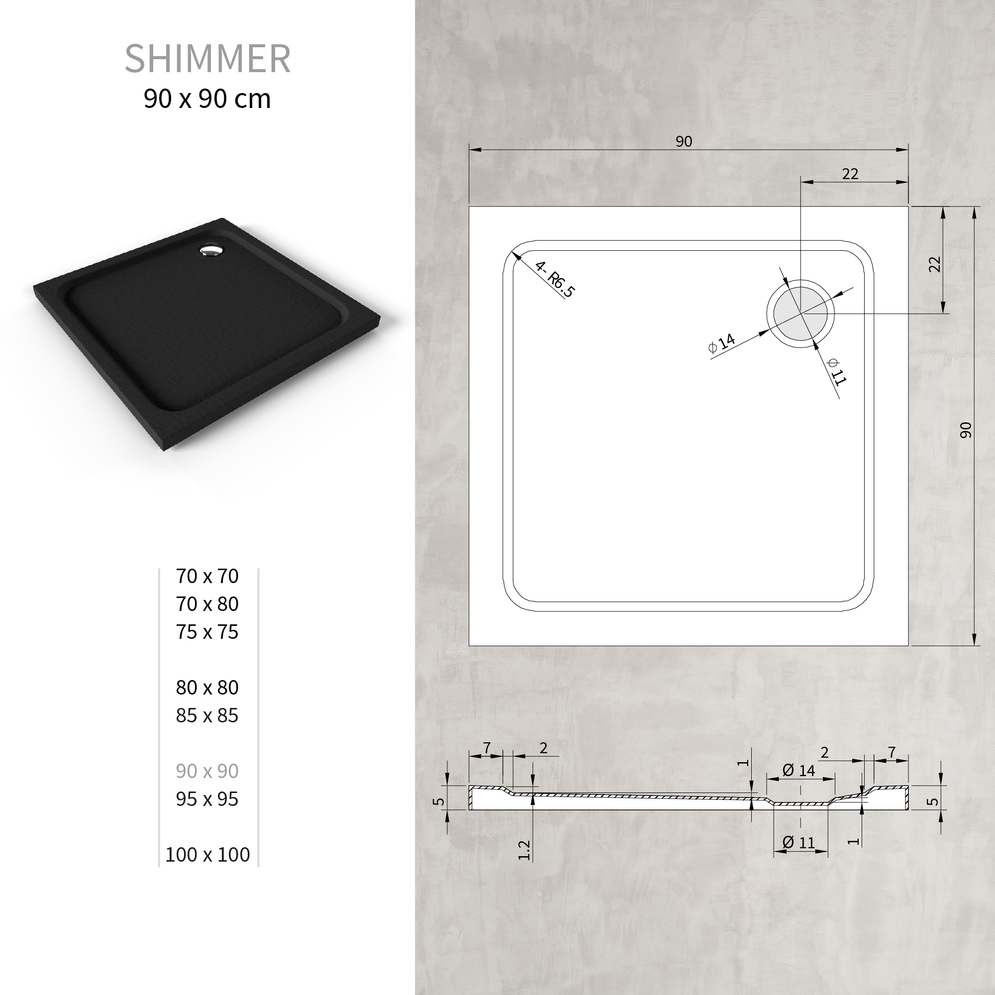 Duschwanne Shimmer STONE aus Sanitäracryl inkl. Ablaufgarnitur - Schwarz 90x90 cm