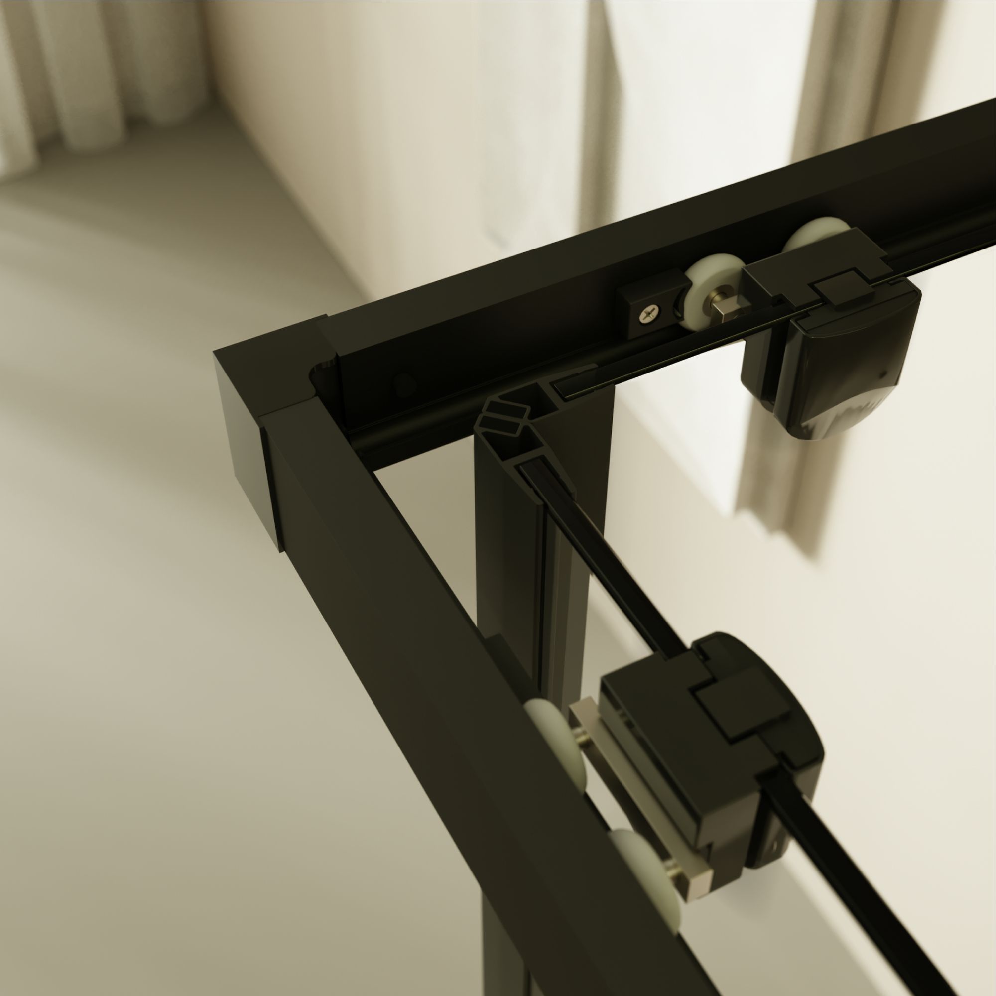 Corner entry Danielle with sliding doors and black profiles made of ESG safety glass.