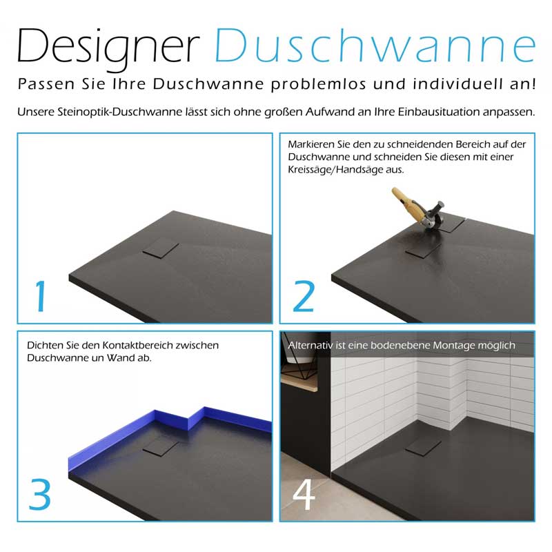 SMC Duschwanne Boreal in Stein-Optik inkl. Ablaufgarnitur - Schwarz 70x160 cm