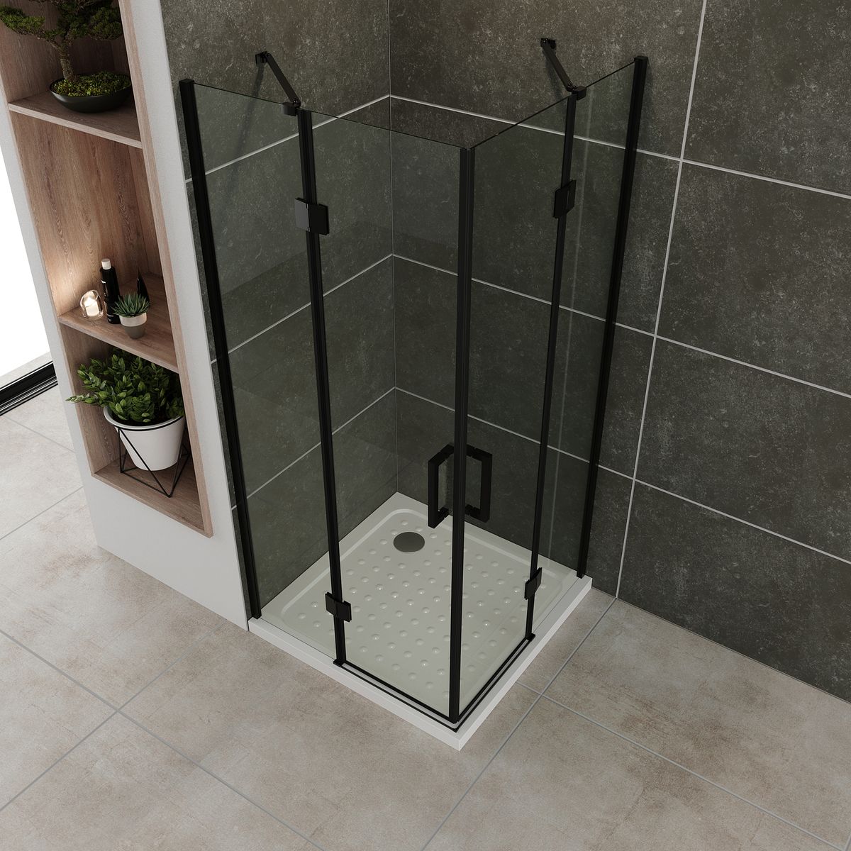 Eckeinstieg Celine mit Klapptüren und schwarzen Profilen aus ESG Sicherheitsglas