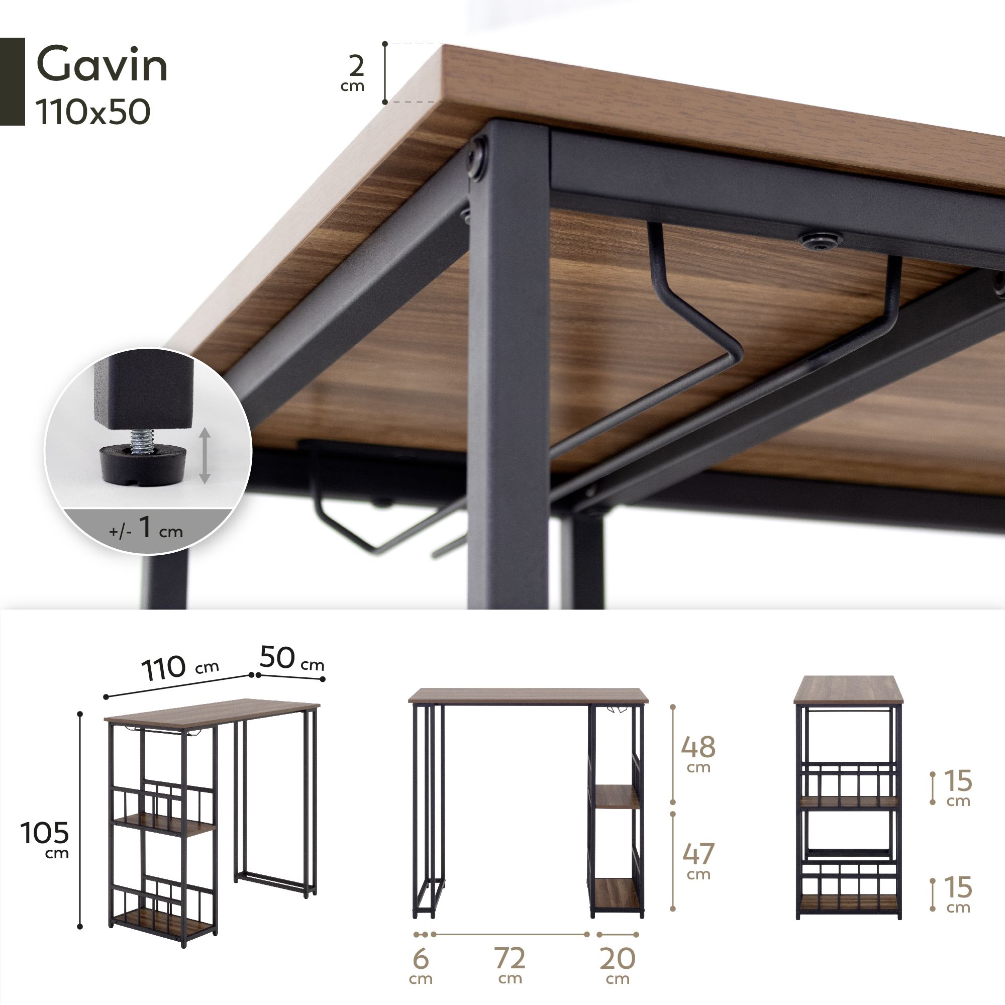 i-flair Stehtisch Bartisch Gavin – Stehtisch mit Stahlrahmen und 2 Ablageflächen & Glashalter Walnuß