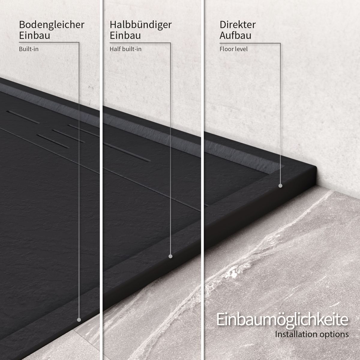 SMC Duschwanne Hiemal in Schieferoptik inkl. Ablaufgarnitur Schwarz 90x90 cm