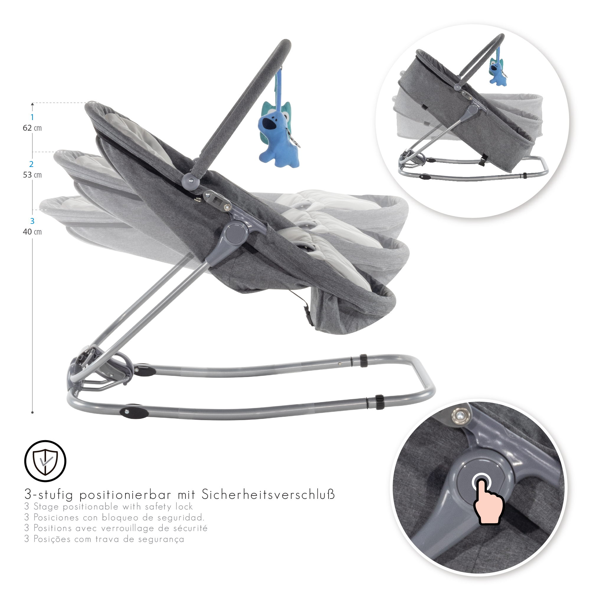 Babywippe PAVO mit Wiegenfunktion und Spielebogen Grau + Grau