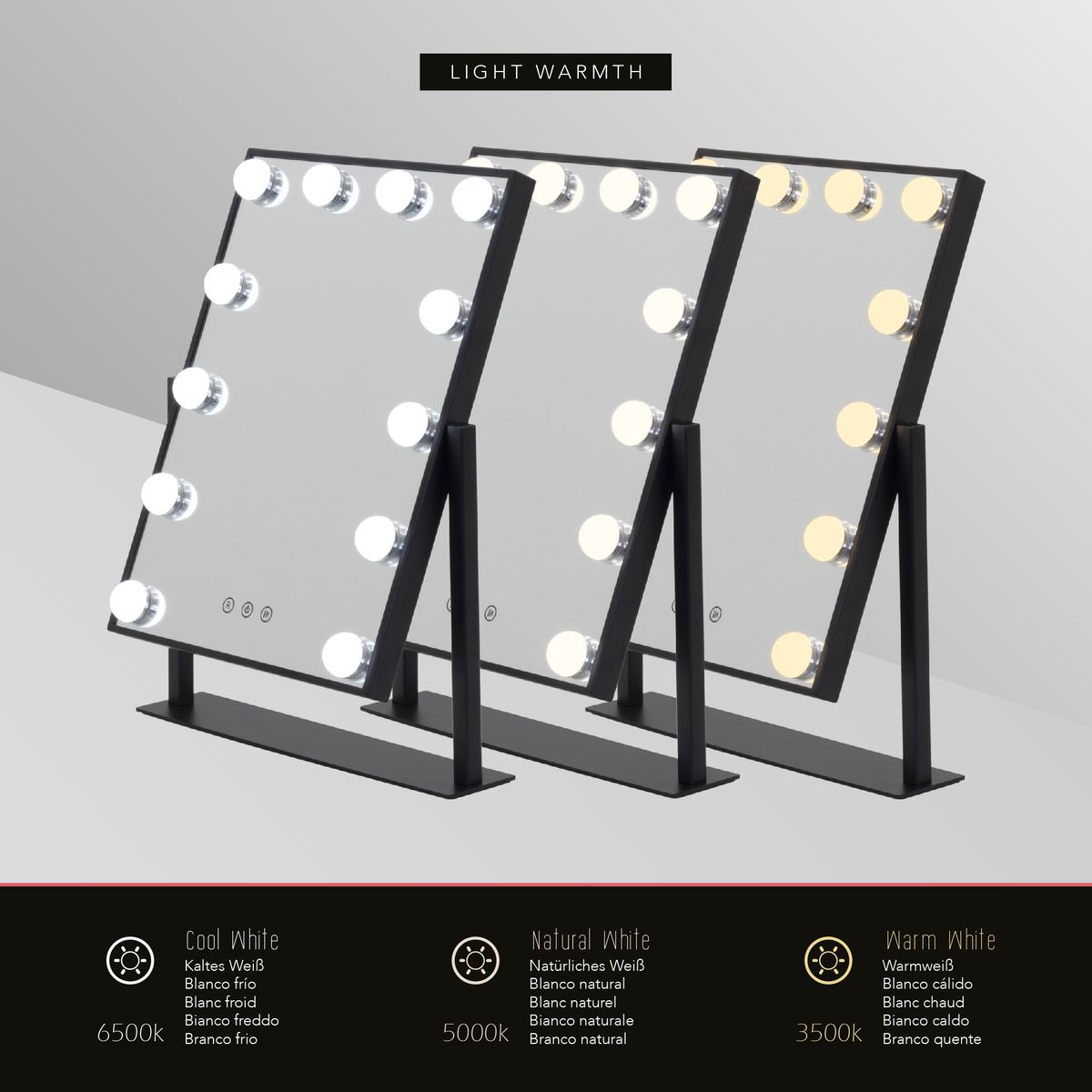 Schminkspiegel Bulb LITTLE mit 12 dimmbaren LED-Lampen Schwarz