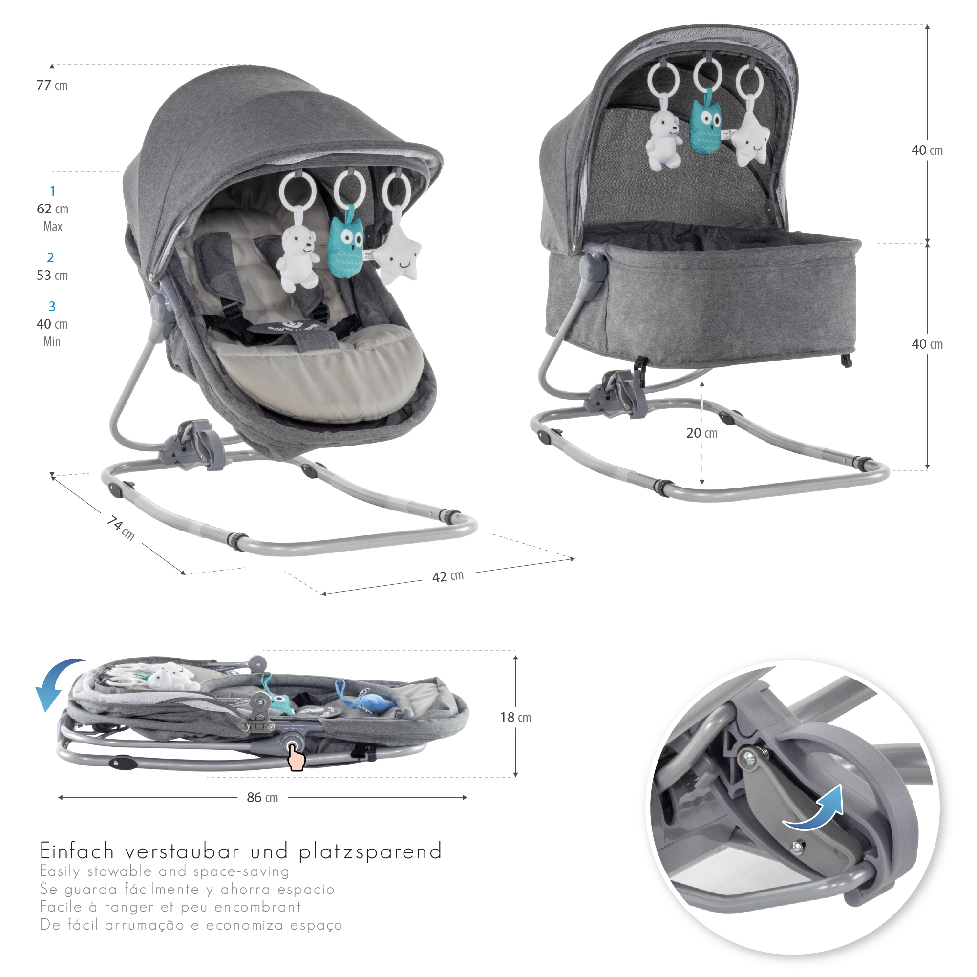 Babywippe PAVO mit Wiegenfunktion und Spielebogen Grau + Grau