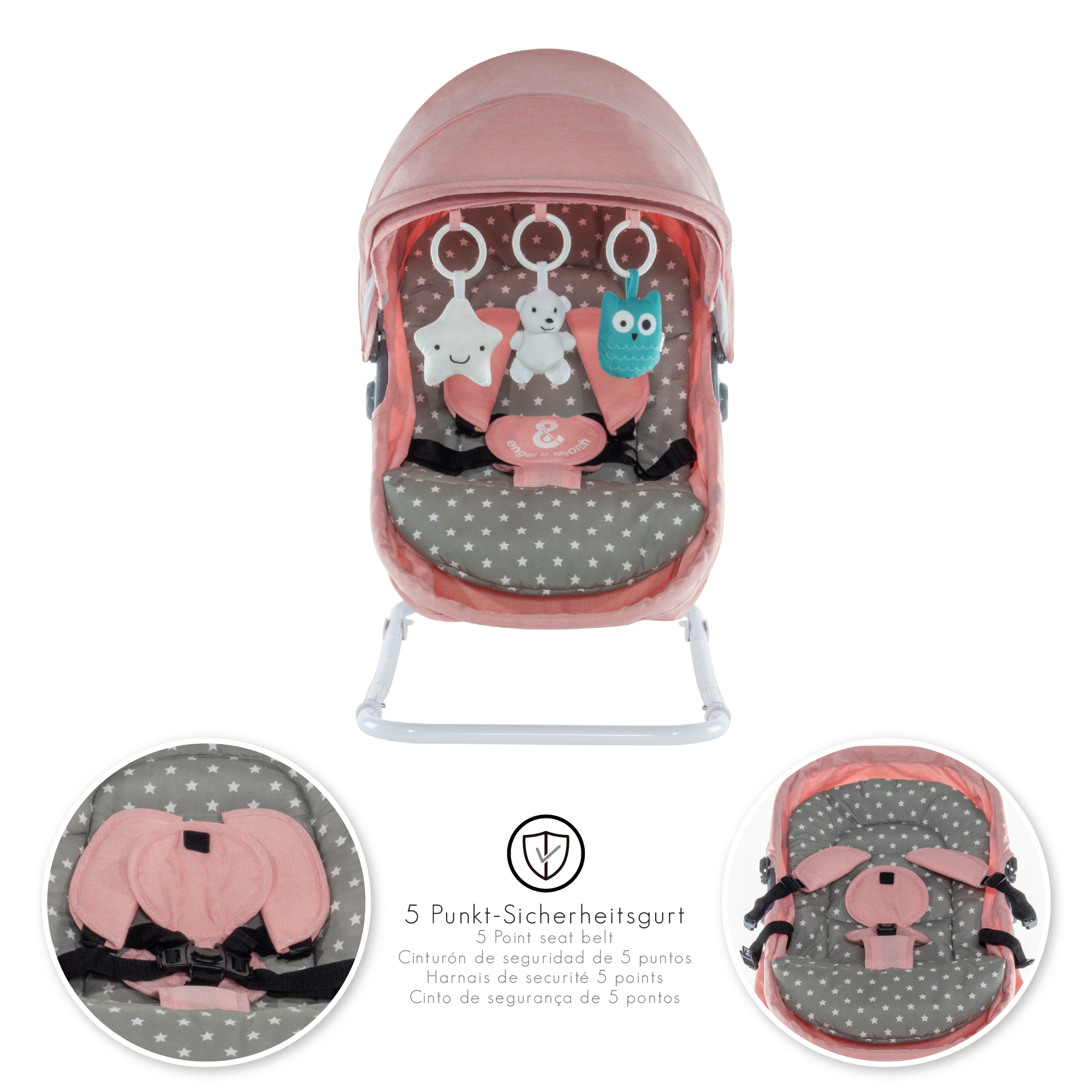 Babywippe PAVO mit Wiegenfunktion und Spielebogen Rosa + Grau weiße Sterne Babywippe PAVO mit Wiegenfunktion und Spielebogen Rosa + Grau weiße Sterne