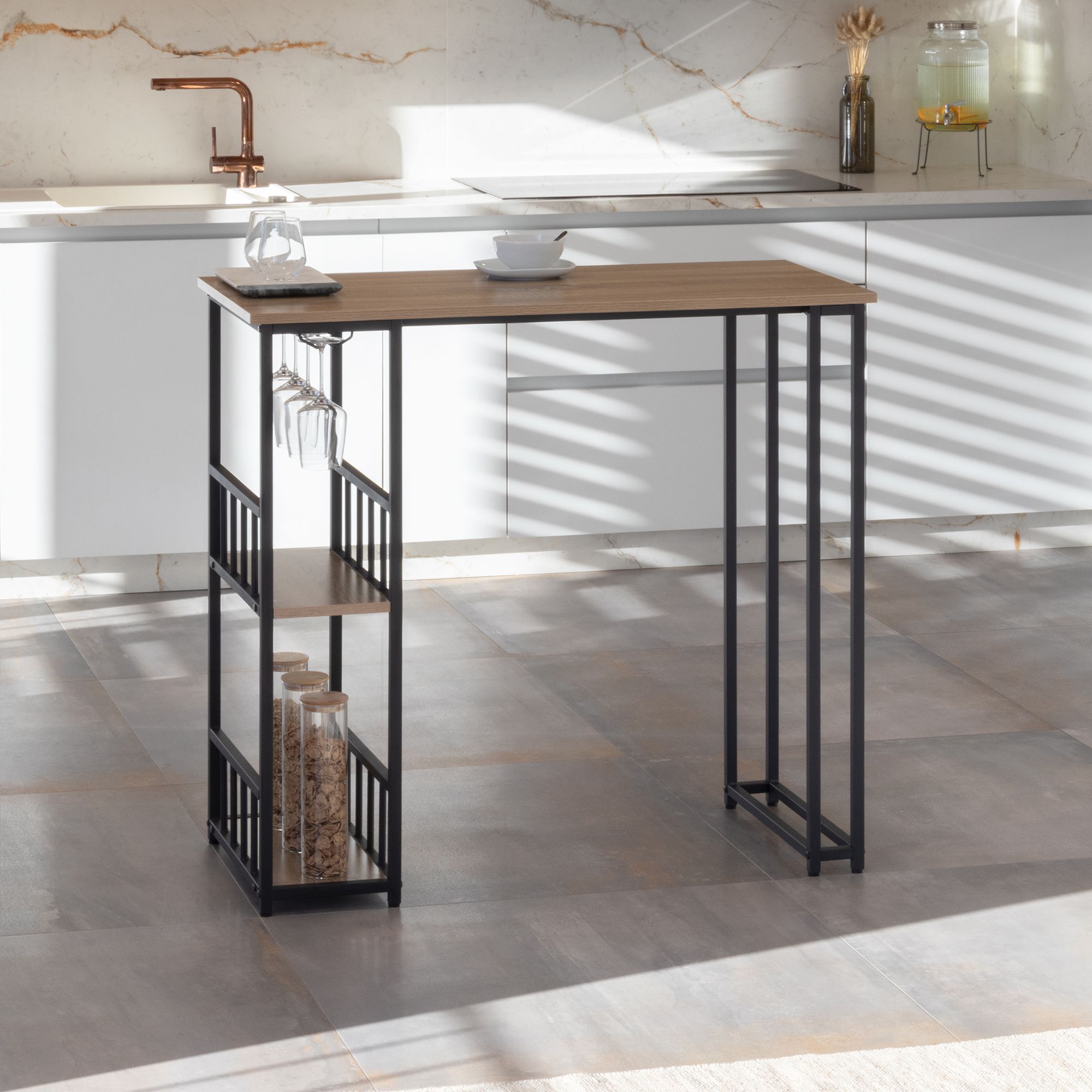 i-flair Stehtisch Bartisch Gavin – Stehtisch mit Stahlrahmen und 2 Ablageflächen & Glashalter Eiche