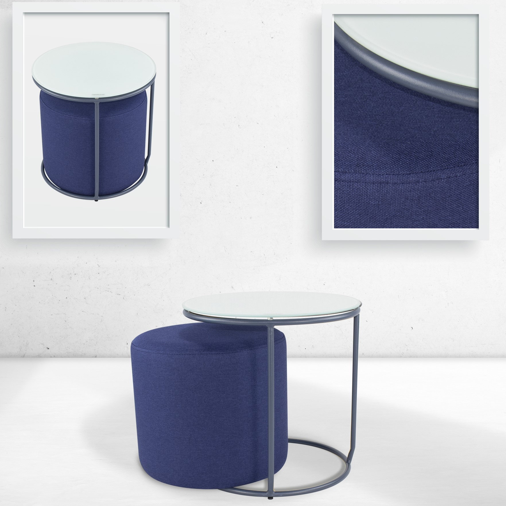 Beistelltisch mit Hocker JASPER runder Couchtisch 40x40 cm Grau-Navy N4 Beistelltisch mit Hocker JASPER runder Couchtisch 40x40 cm Grau-Navy N4