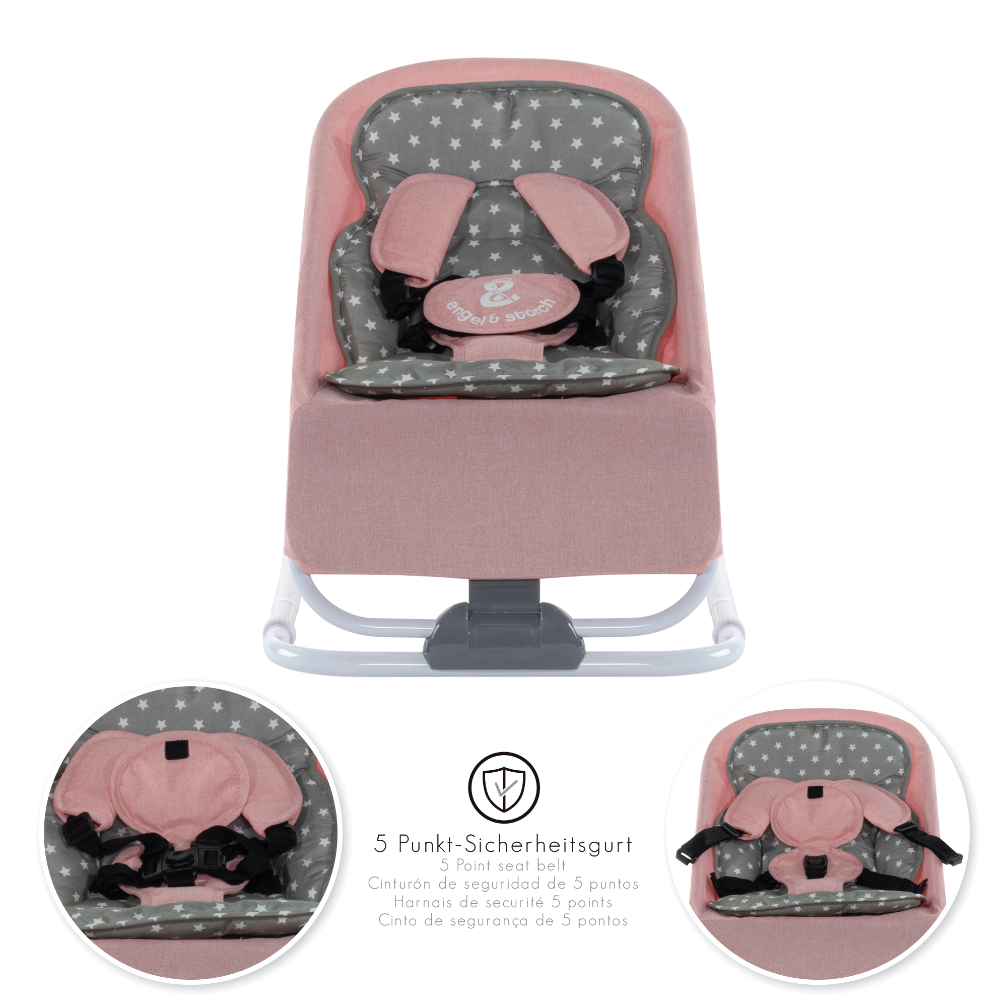 Babywippe VIENO mit abnehmbarem Bezug und Spielebogen Rosa + Grau weiße Sterne
