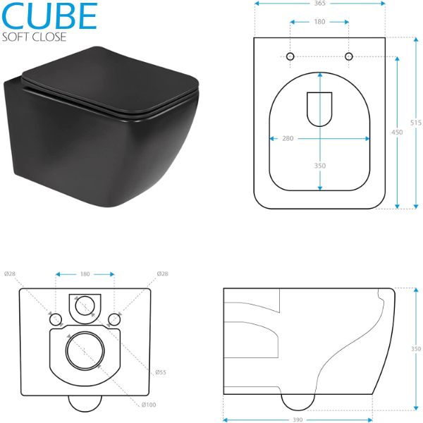 Toilette Hänge WC Spülrandlos inkl. WC Sitz mit Absenkautomatik SOFTCLOSE + abnehmbar Cube Schwarz MATT
