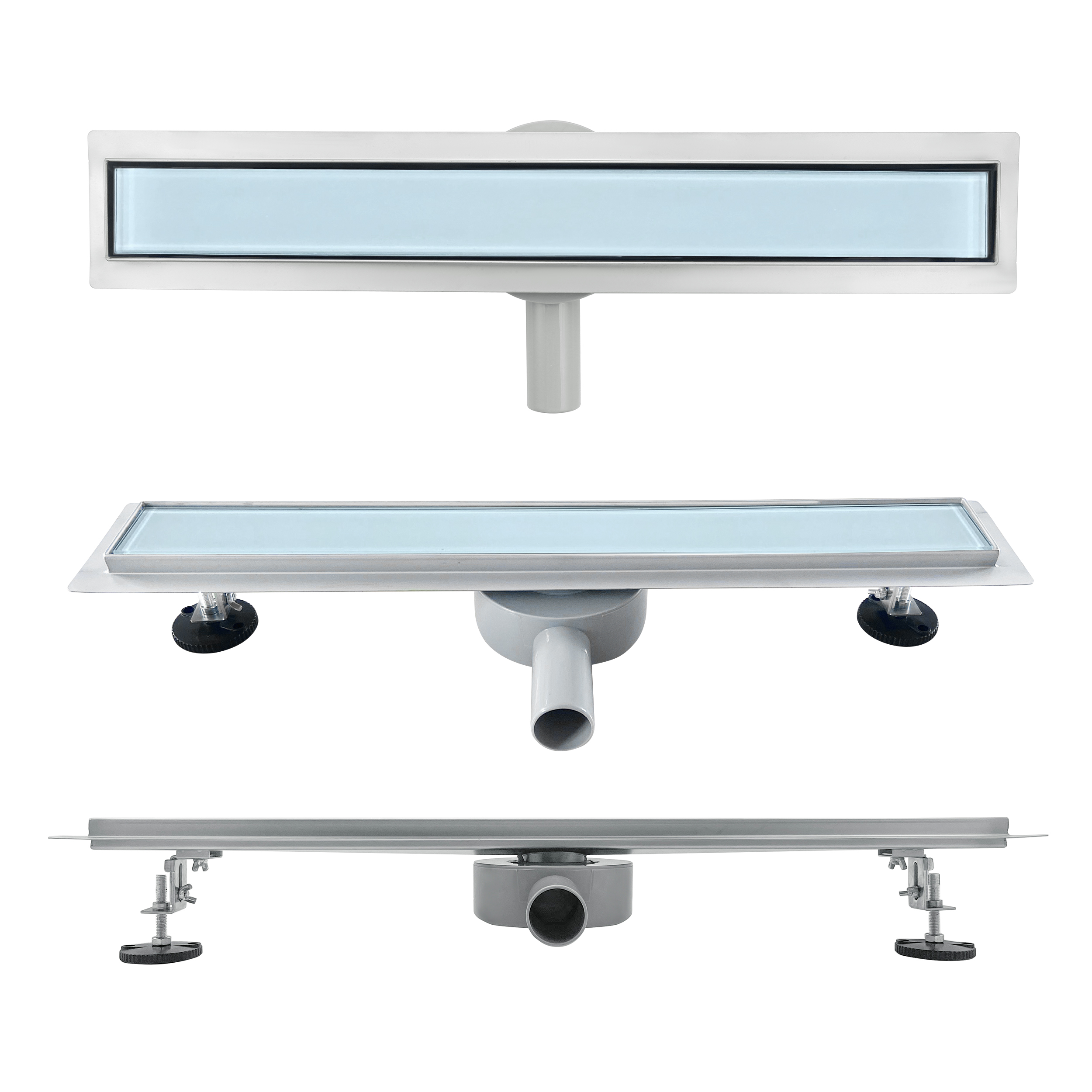 Duschrinne aus Edelstahl mit weißem Glas-Ablaufblende für flache Installation B3 Duschrinne aus Edelstahl mit weißem Glas-Ablaufblende für flache Installation B3