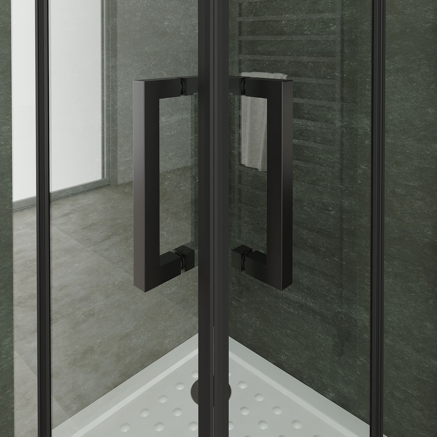Eckeinstieg Belle mit Falttüren und schwarzen Profilen aus ESG Sicherheitsglas