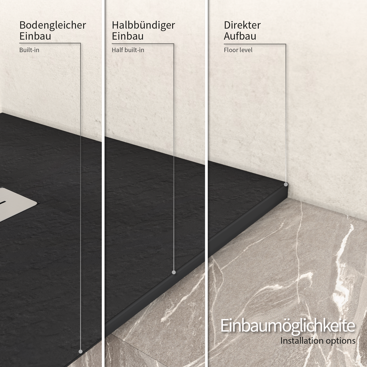 SMC Duschwanne Lumia in Schieferoptik inkl. Ablaufgarnitur Schwarz 90x180 cm
