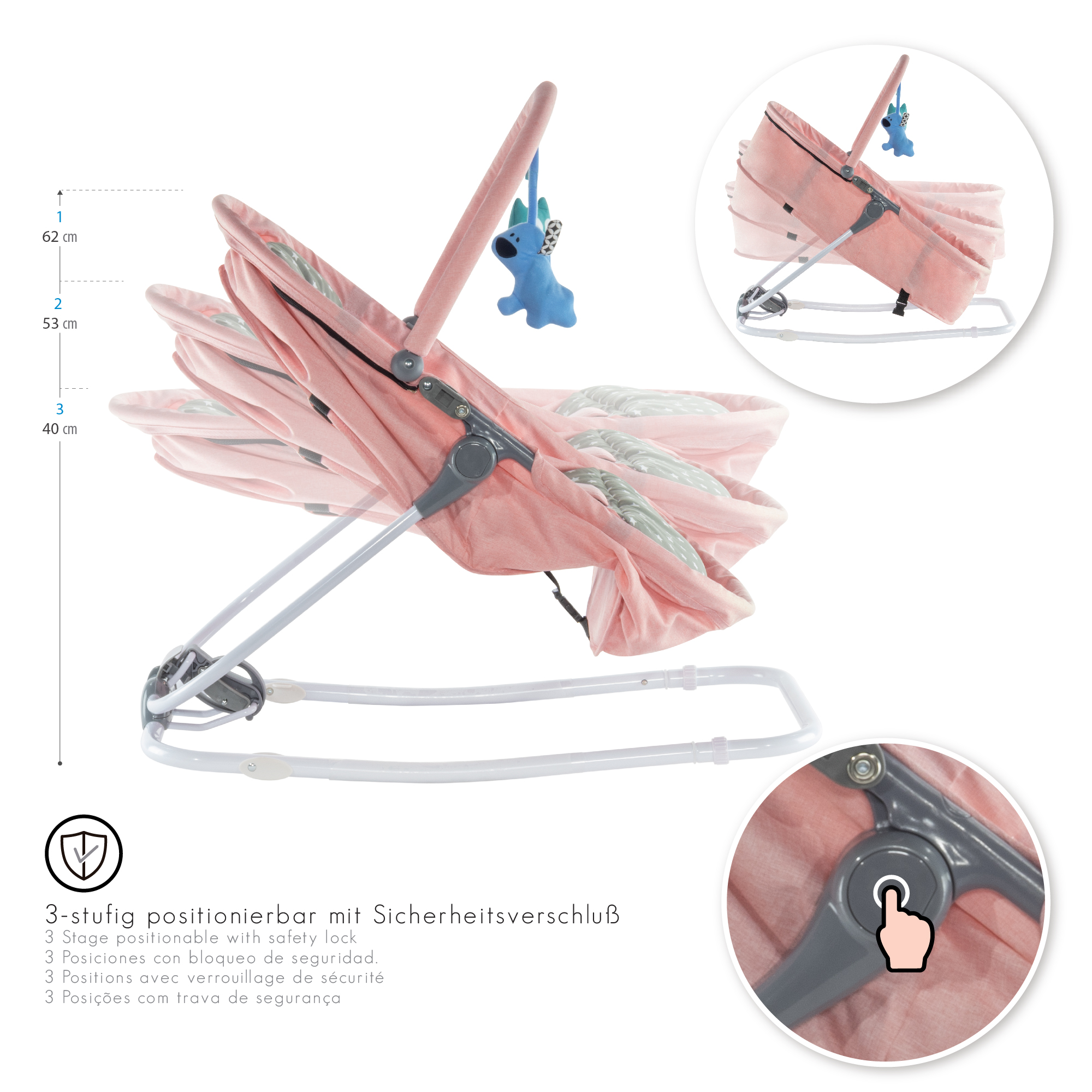 Babywippe PAVO mit Wiegenfunktion und Spielebogen Rosa + Grau weiße Sterne Babywippe PAVO mit Wiegenfunktion und Spielebogen Rosa + Grau weiße Sterne