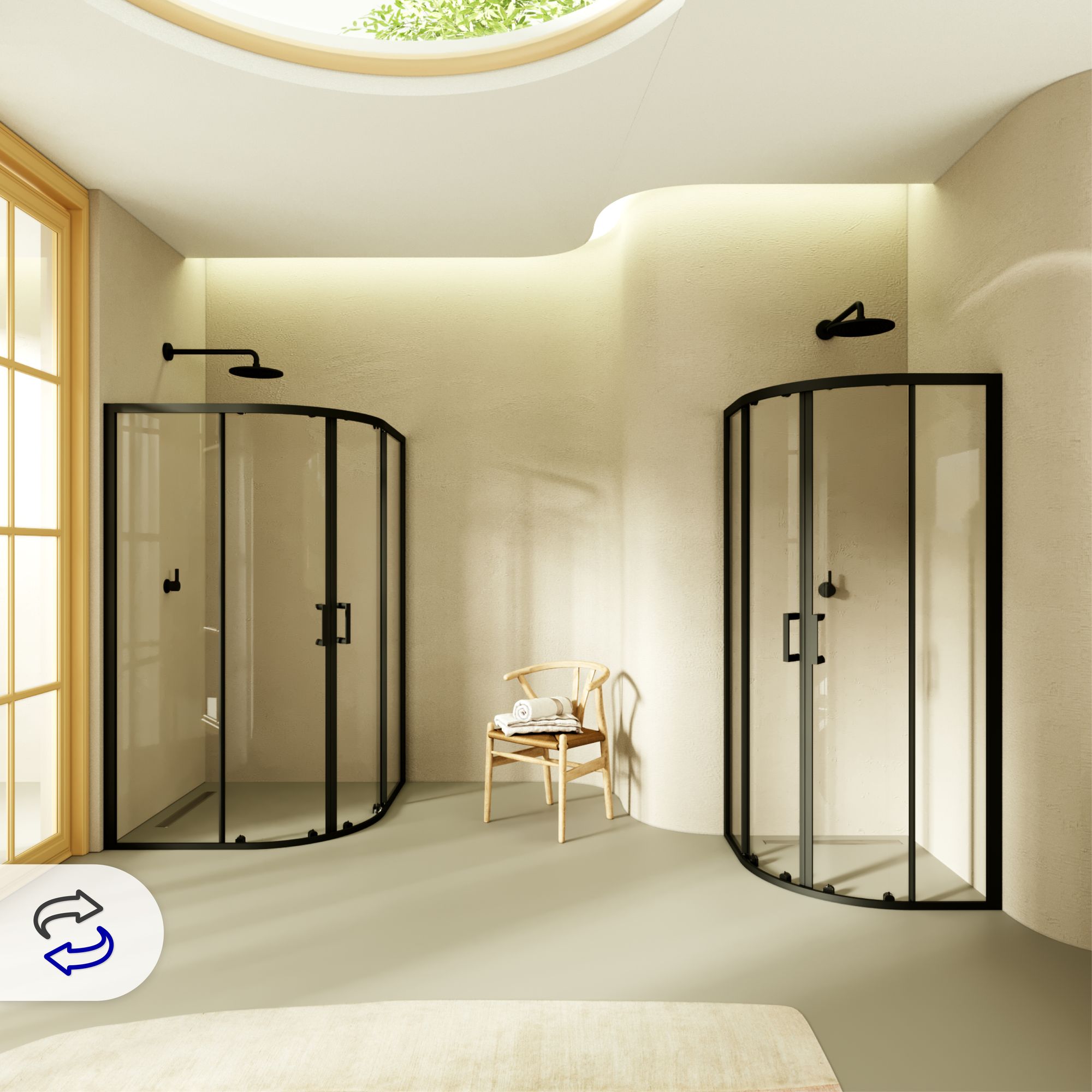 Viertelkreisdusche Ella mit Schiebetüren und schwarzen Profilen aus ESG Sicherheitsglas