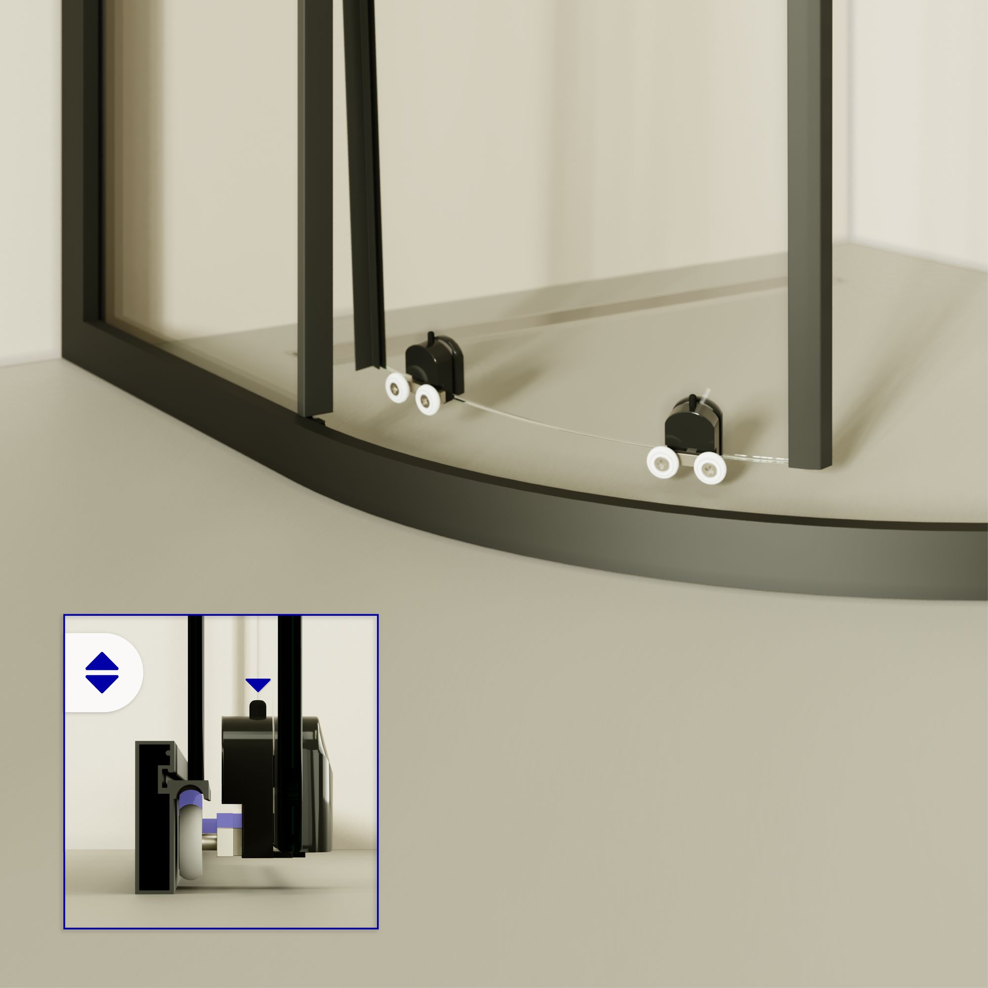 Viertelkreisdusche Ella mit Schiebetüren und schwarzen Profilen aus ESG Sicherheitsglas