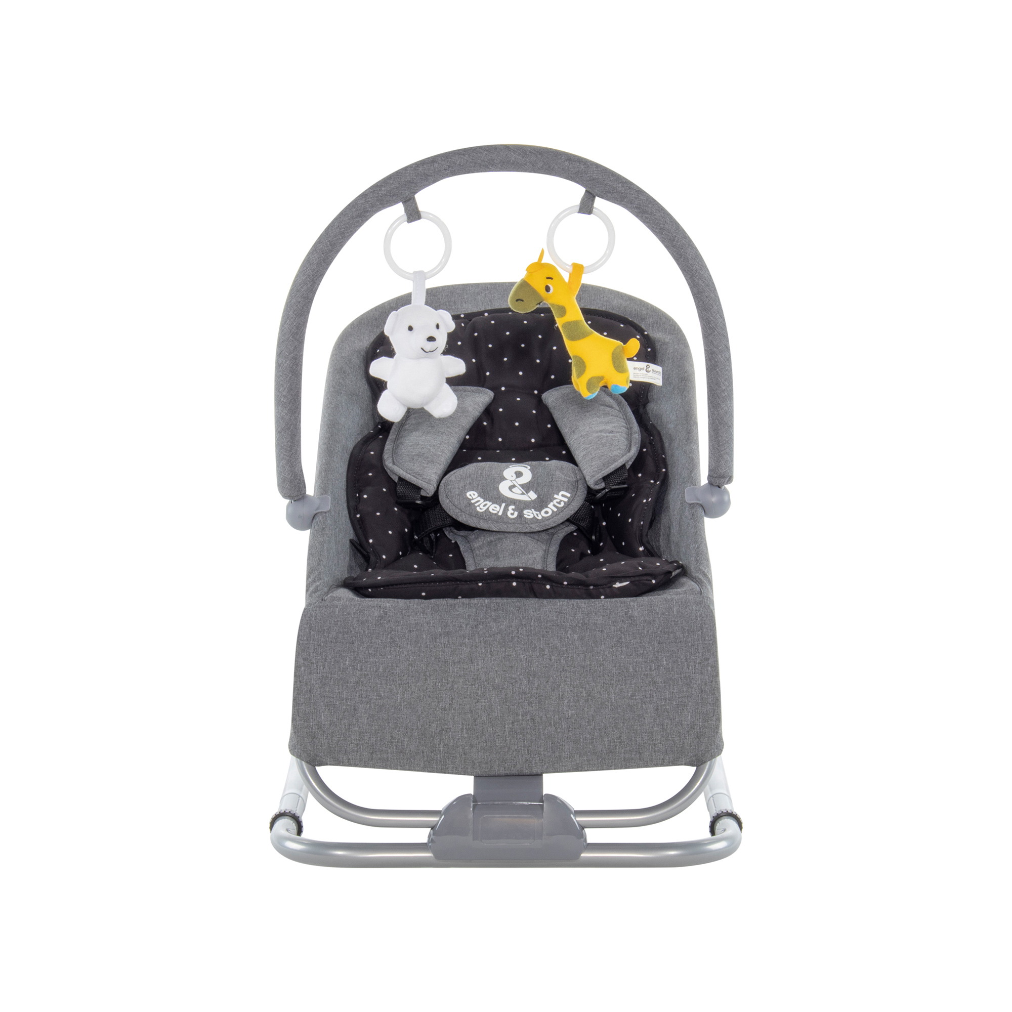 Babywippe VIENO mit abnehmbarem Bezug und Spielebogen Grau + Schwarz weiße Punkte Babywippe VIENO mit abnehmbarem Bezug und Spielebogen Grau + Schwarz weiße Punkte