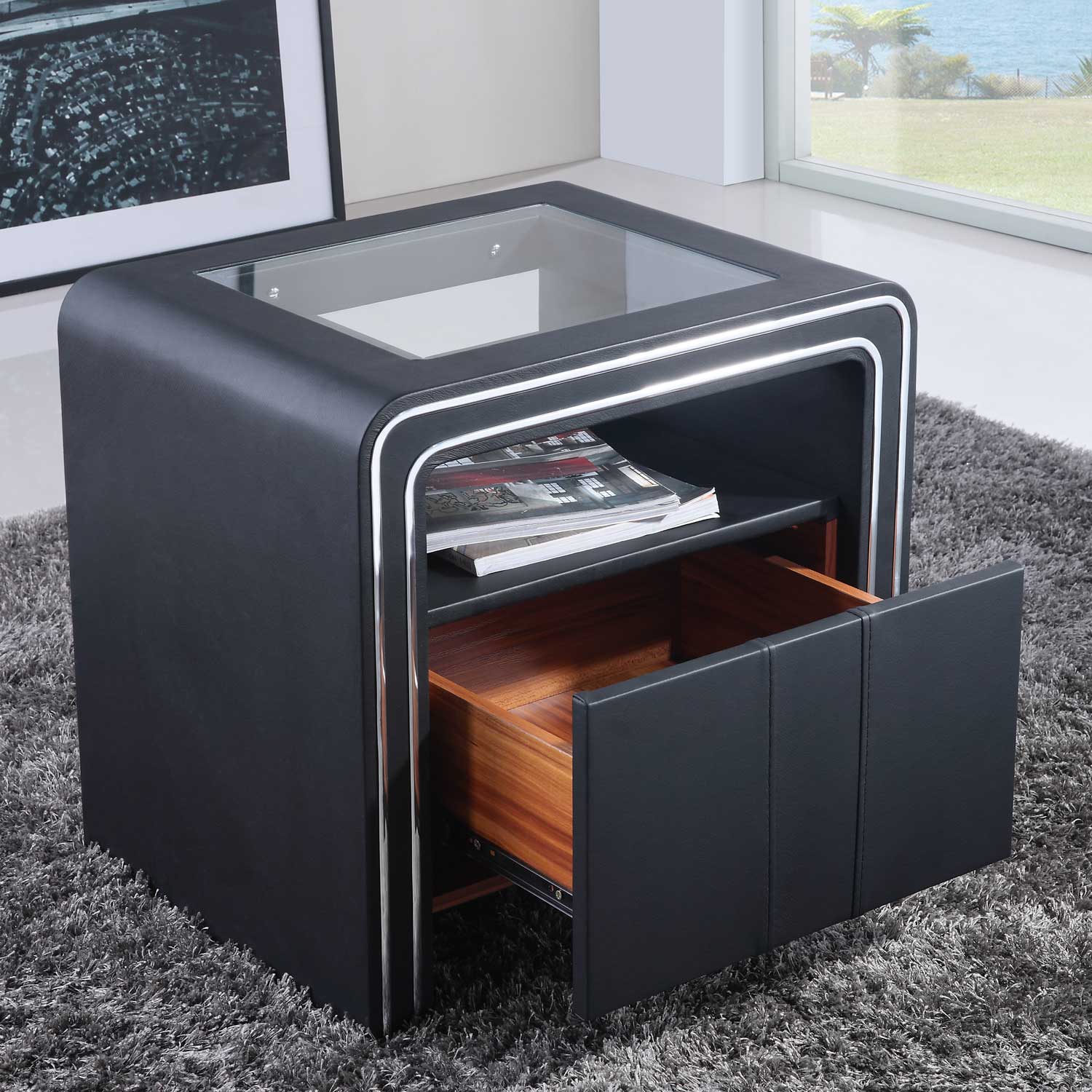 Nachttisch Kommode Nachtkonsole Schwarz aus hochwertigem Kunstleder - S85