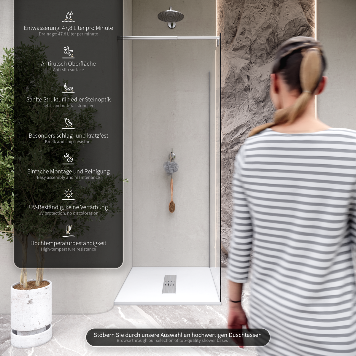 SMC Duschwanne Lumia in Schieferoptik inkl. Ablaufgarnitur Weiß SMC Duschwanne Hiemal in Schieferoptik inkl. Ablaufgarnitur Weiß 90x180 cm