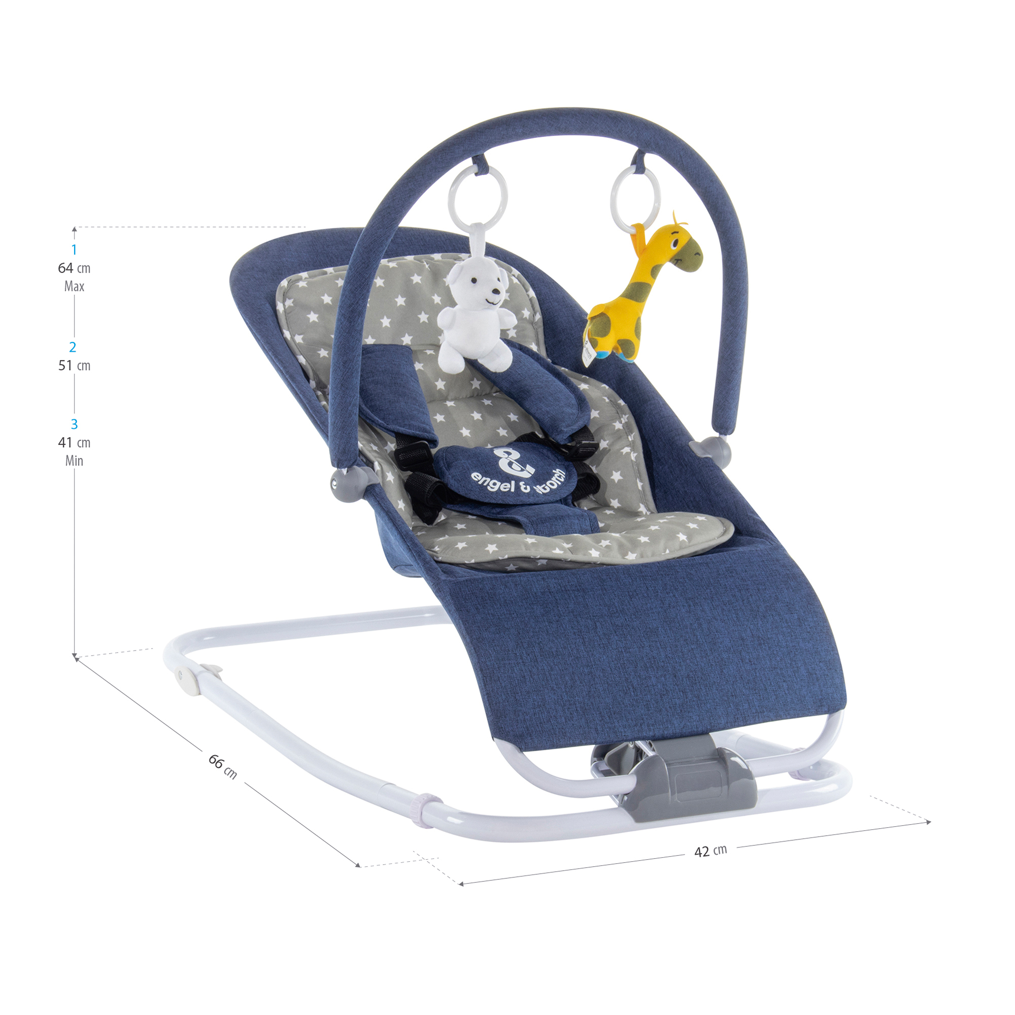 Babywippe VIENO mit abnehmbarem Bezug und Spielebogen Blau + Grau weiße Sterne Babywippe VIENO mit abnehmbarem Bezug und Spielebogen Blau + Grau weiße Sterne