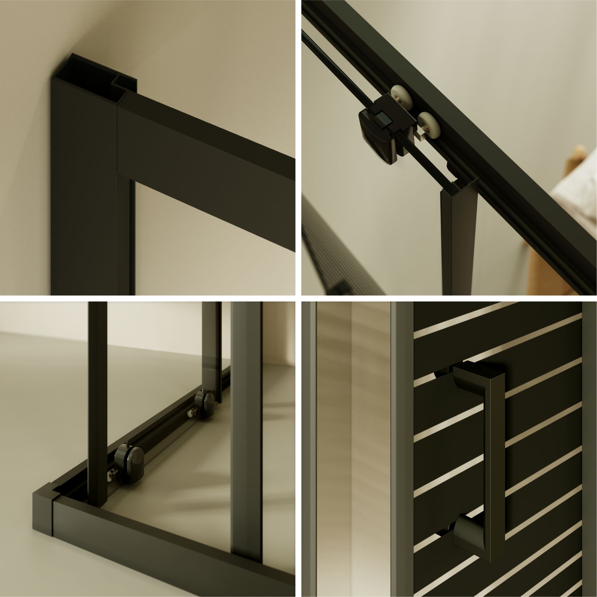 Eckeinstieg Danielle mit Schiebetüren aus schwarz gestreiftem ESG Sicherheitsglas