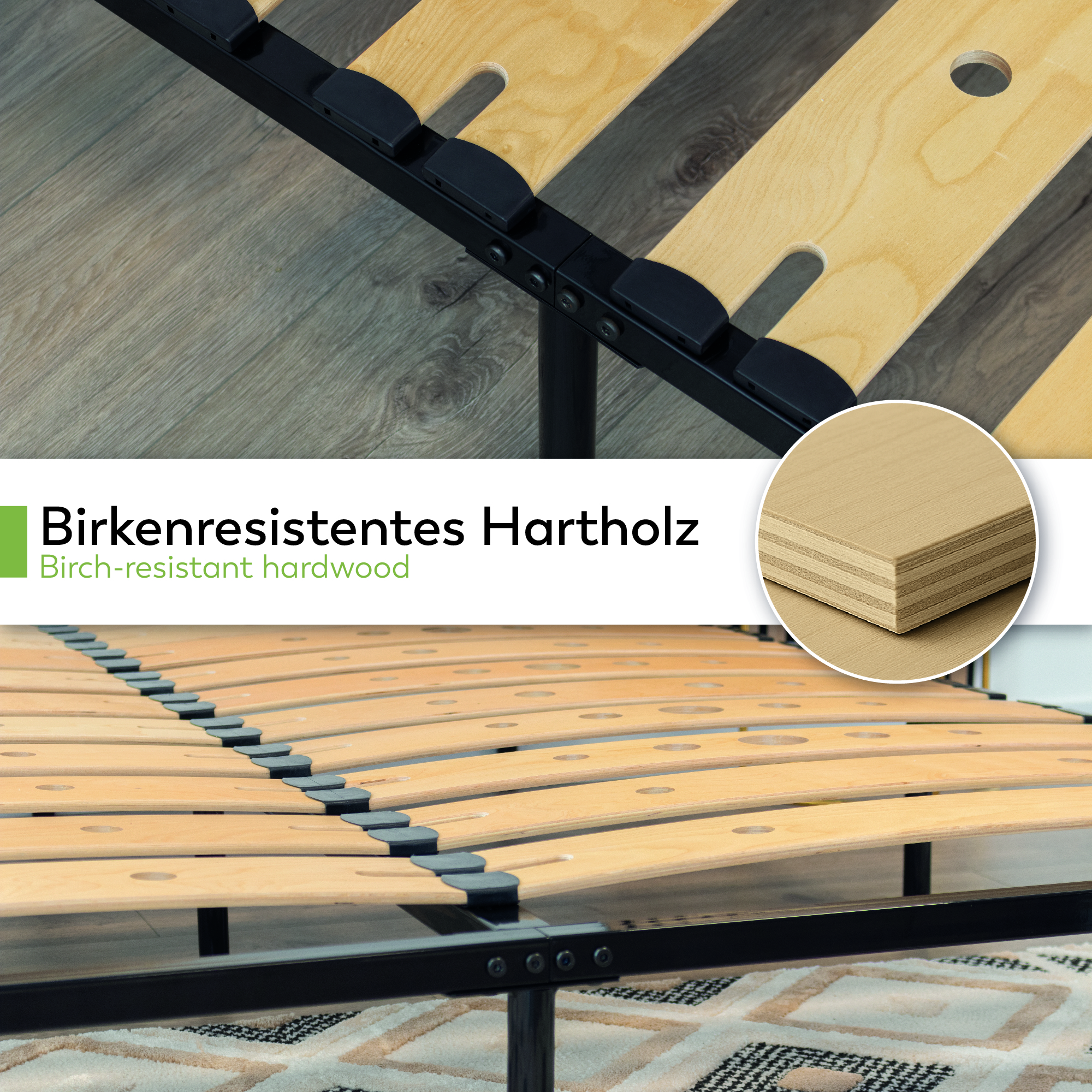 Metallbett AUSTEN BLACK mit Holzlamellen – Stabiler Metallrahmen in Schwarz, 23 cm Höhe & praktische Unterbett-Aufbewahrung 90x200