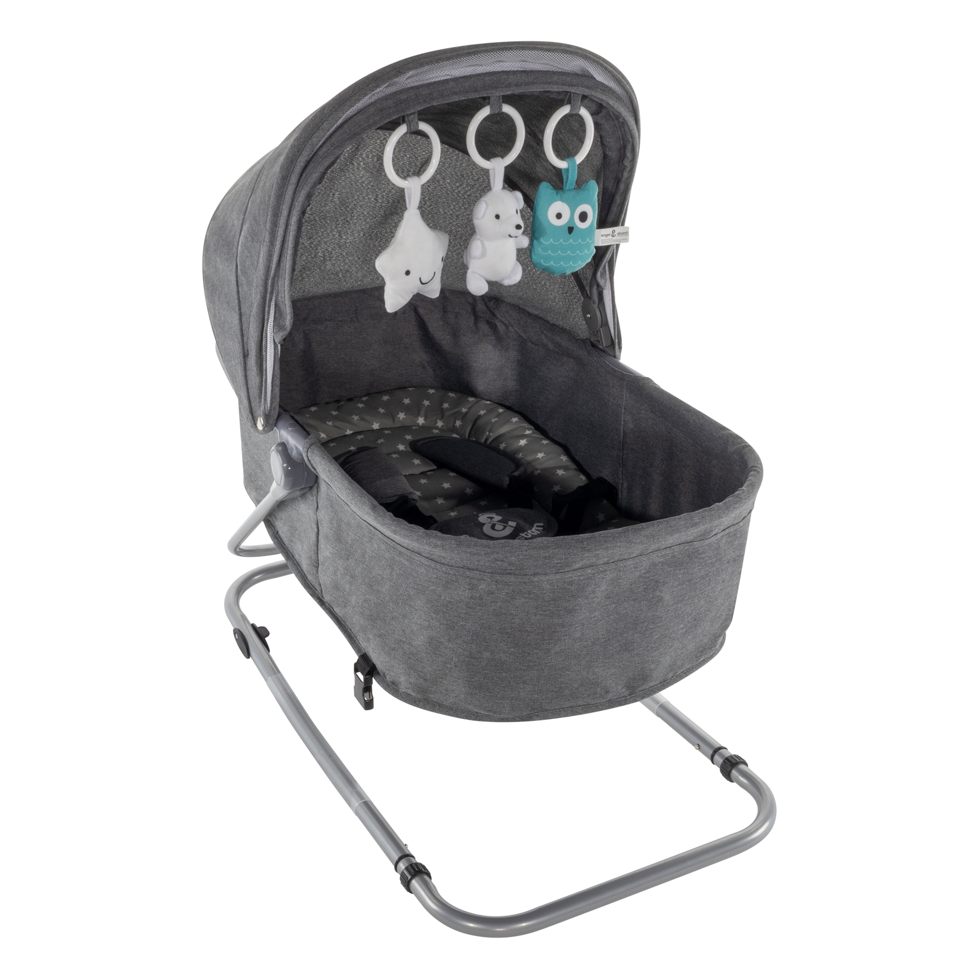 Babywippe PAVO mit Wiegenfunktion und Spielebogen Grau + Grau mit weißen Sterne Babywippe PAVO mit Wiegenfunktion und Spielebogen Grau + Grau mit weißen Sterne