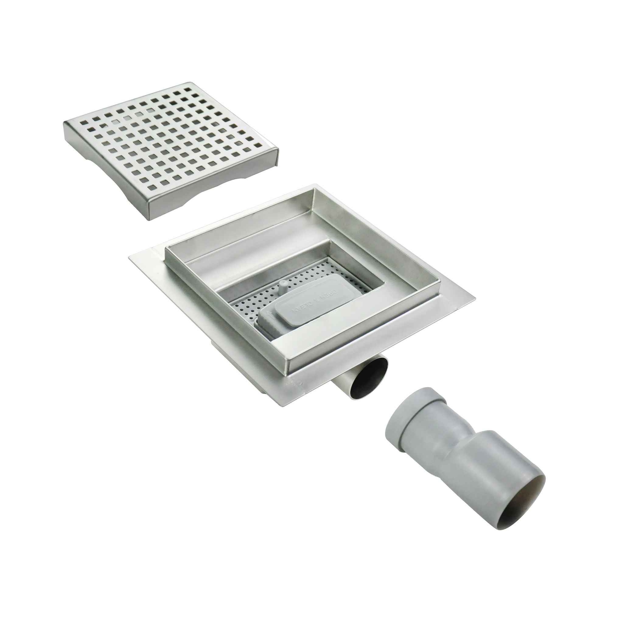 Quadratische Duschrinne Q5 aus Edelstahl für flache Installation mit Quadratmuster Quadratische Duschrinne Bodenablauf Quadratische Öffnungen aus Edelstahl sehr flach Q5