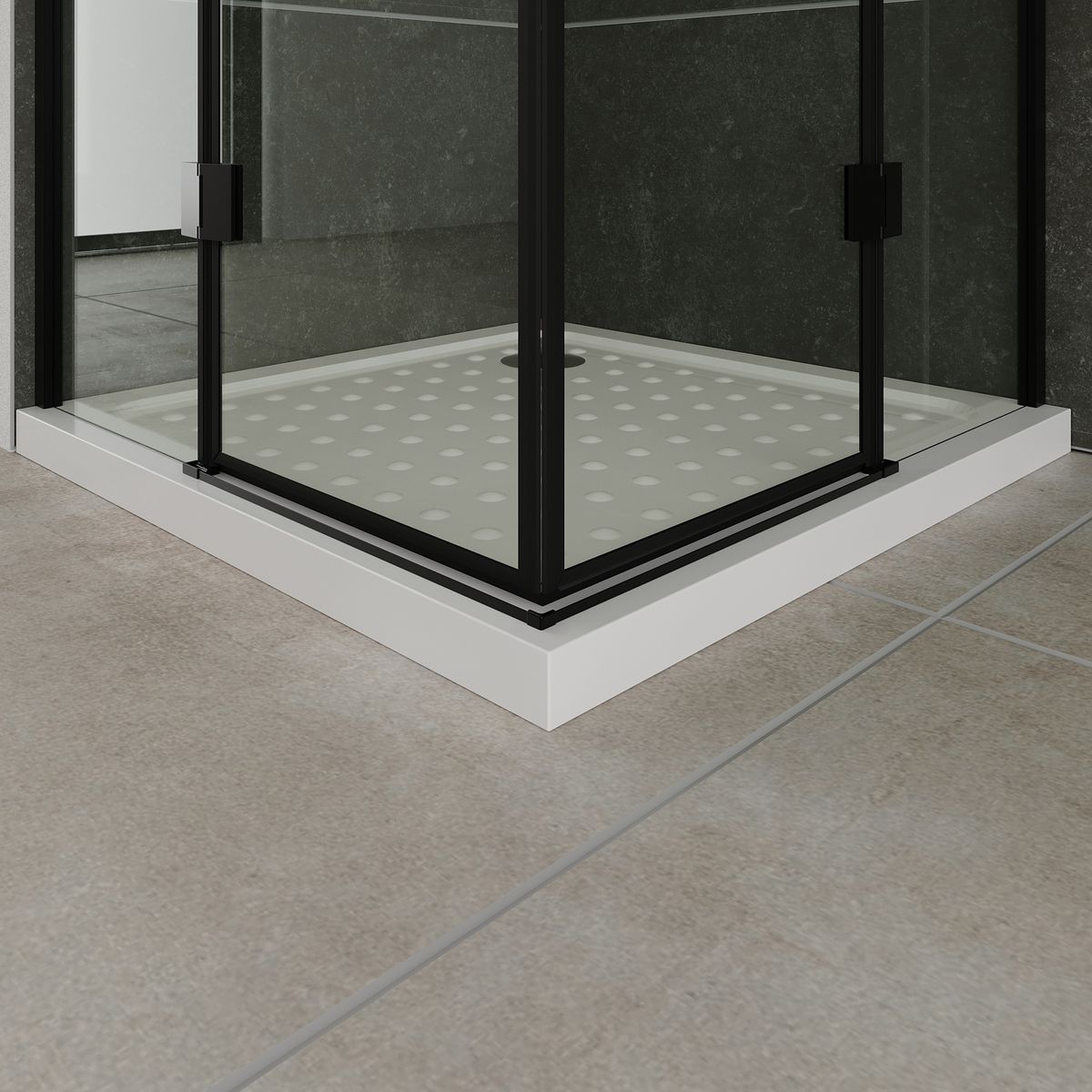 Eckeinstieg Celine mit Klapptüren und schwarzen Profilen aus ESG Sicherheitsglas