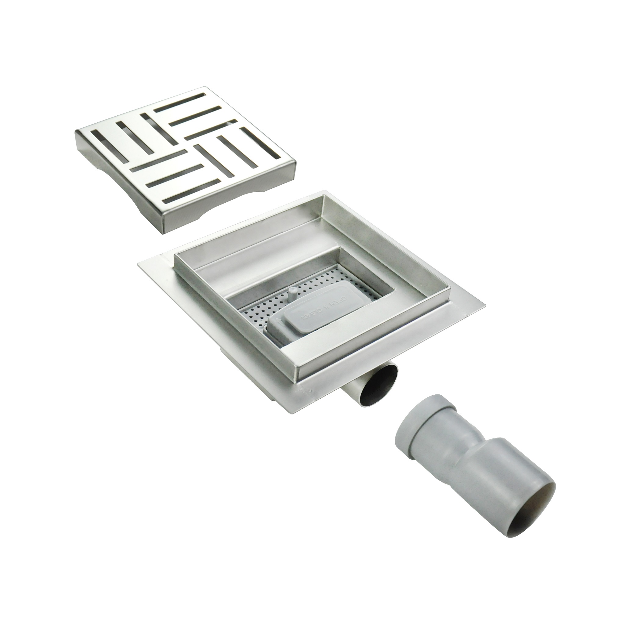Quadratische Duschrinne Q3 aus Edelstahl für flache Installation mit Schlitzmuster Quadratische Duschrinne Bodenablauf Rinnen aus Edelstahl sehr flach Q3