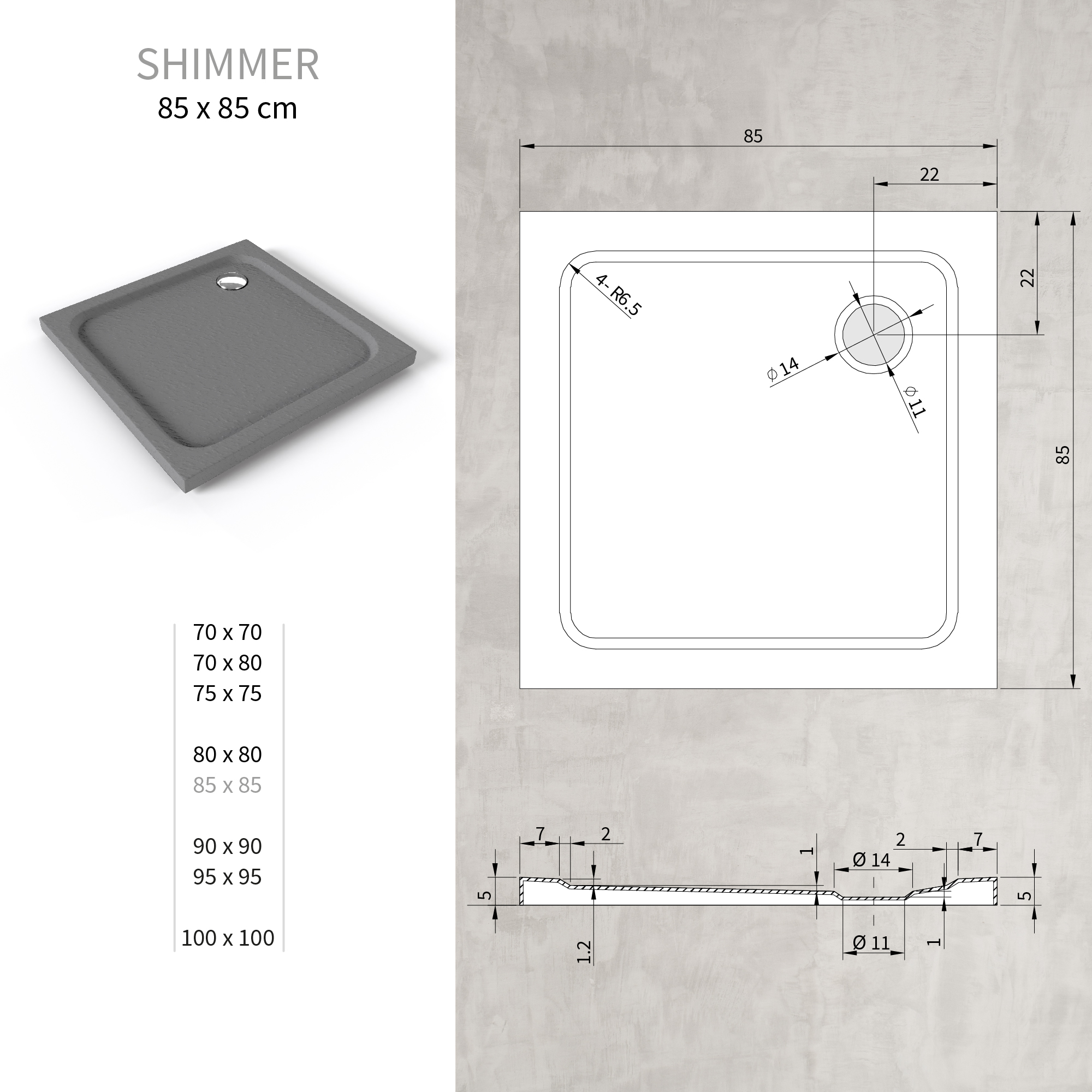 Duschwanne Shimmer STONE aus Sanitäracryl inkl. Ablaufgarnitur - Grau 85x85 cm