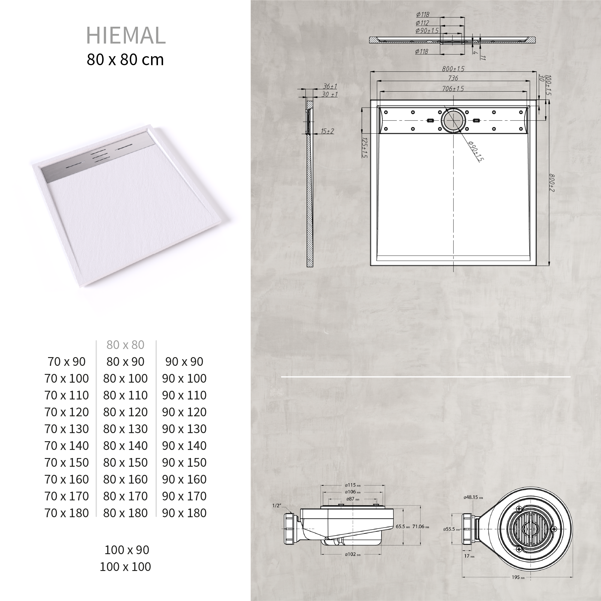 SMC Duschwanne Hiemal in Schieferoptik inkl. Ablaufgarnitur Weiß 80x80 cm SMC Duschwanne Hiemal in Schieferoptik inkl. Ablaufgarnitur Weiß 80x80 cm