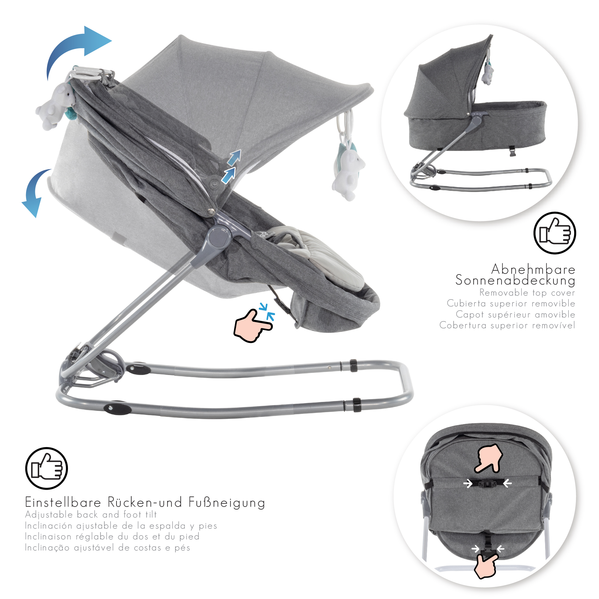 Babywippe PAVO mit Wiegenfunktion und Spielebogen Grau + Grau