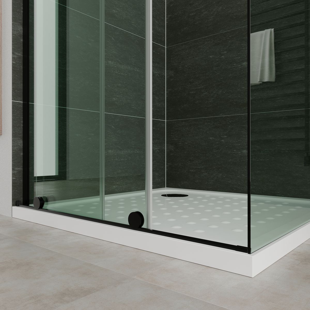 Fronteinstieg NADINE mit Schiebetür in Schwarz aus 8mm ESG Klarglas Fronteinstieg NADINE mit Schiebetür in Schwarz aus 8mm ESG Klarglas