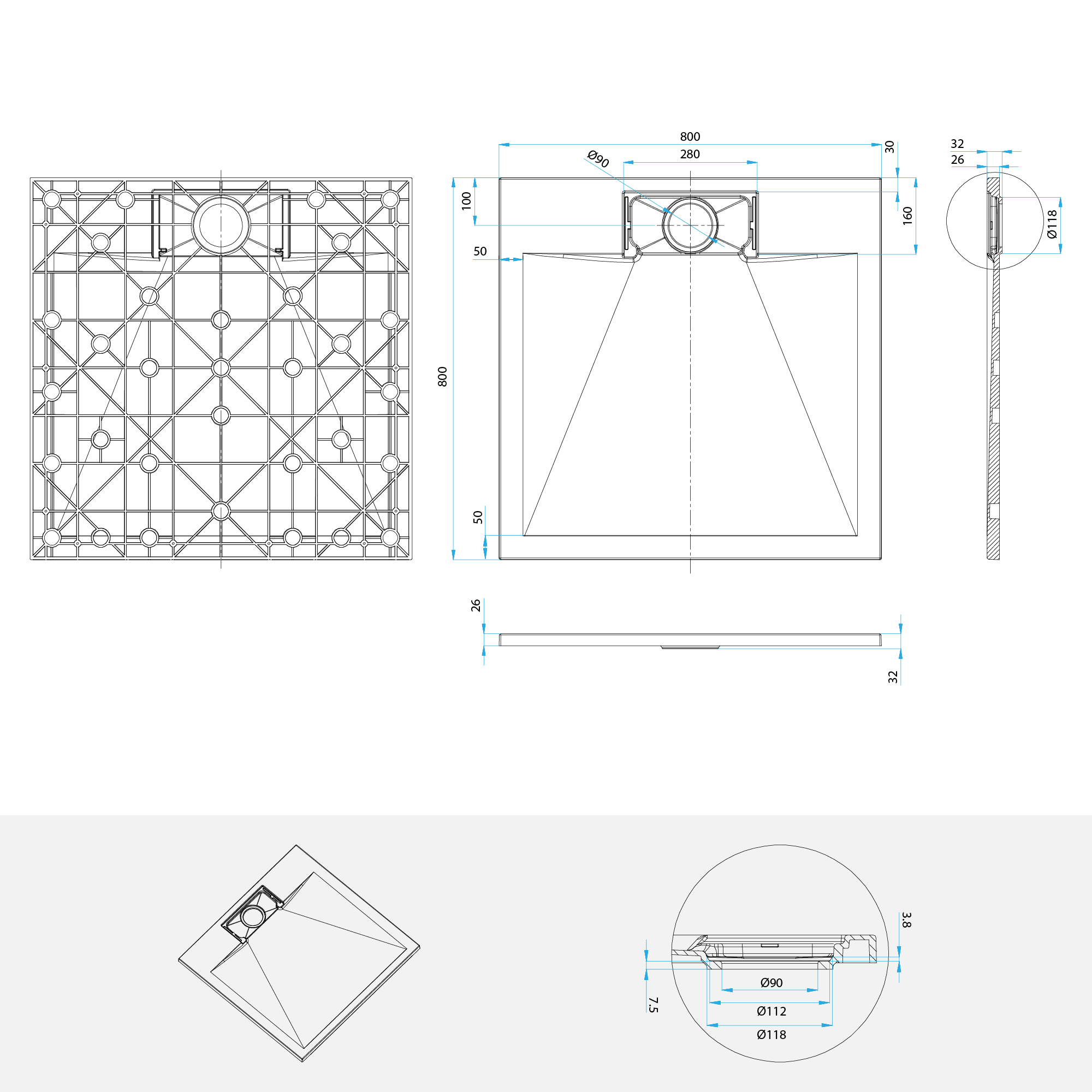 SMC Duschwanne Polar in Marmor-Optik inkl. Ablaufgarnitur - Weiß 80x80 cm
