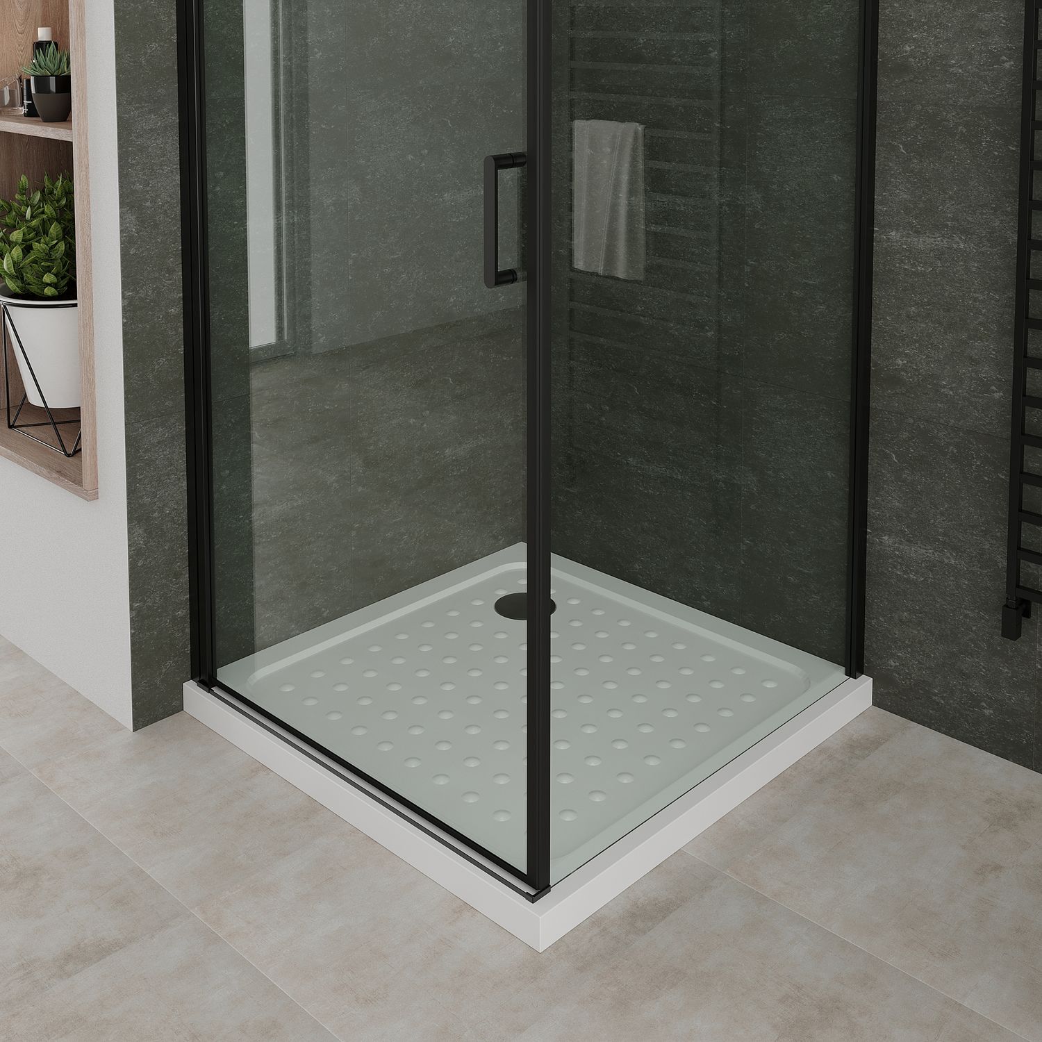 Fronteinstieg Hellen mit Klapptür und schwarzen Profilen aus ESG Sicherheitsglas