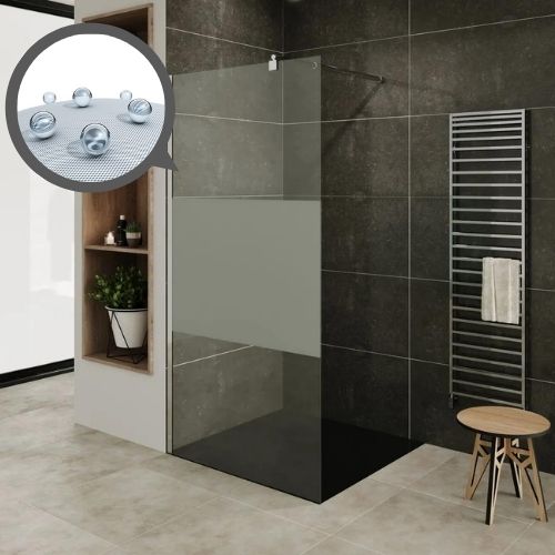 Walk In Dusche Fiona aus 10 mm starkem teilsatiniertem ESG Sicherheitsglas und Edelstahl Profil